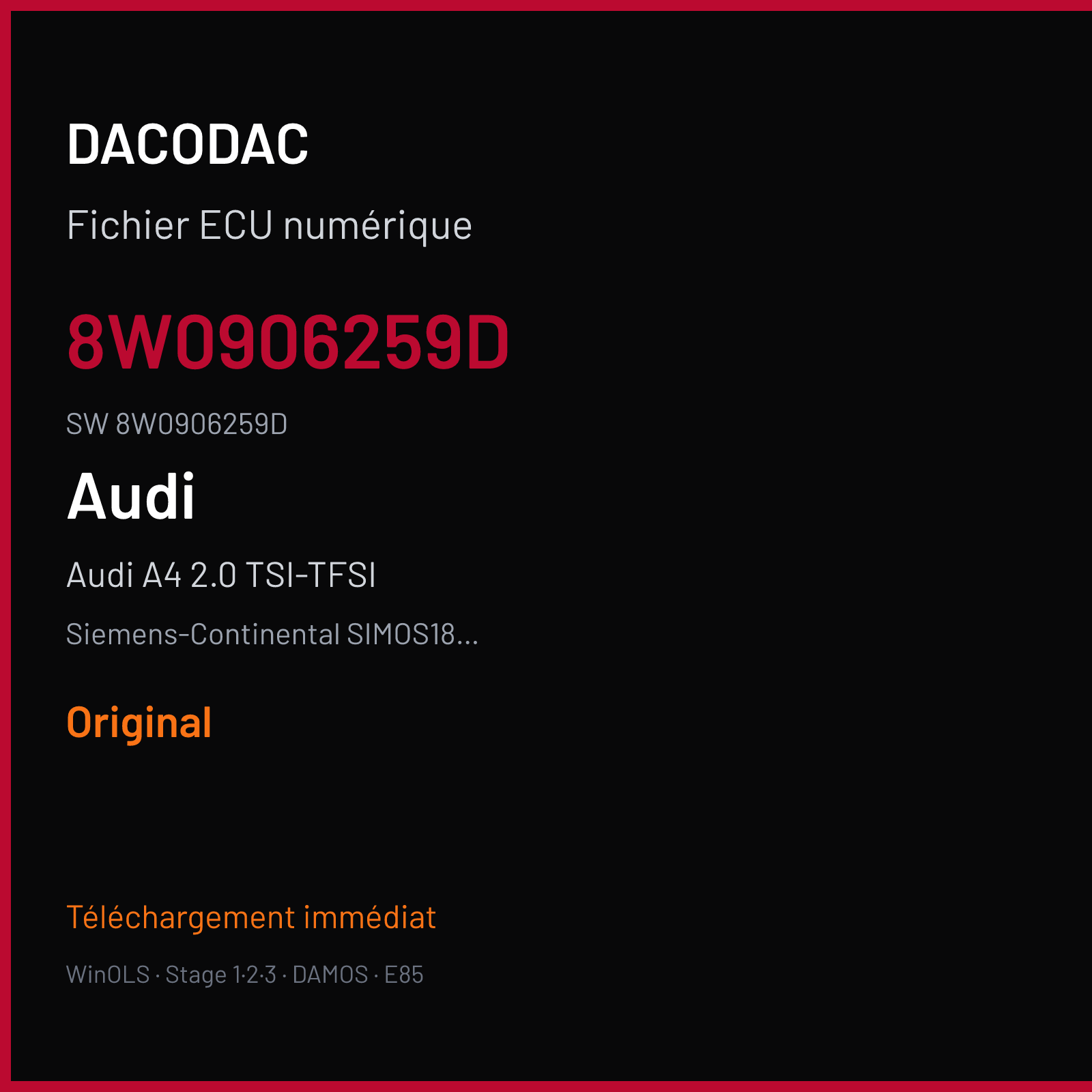 Audi A4 2.0 TSI-TFSI 252 ch (2019) — Siemens-Continental SIMOS18.4 — 8W0906259D · 8W0906259D · SCB00S3000000 — Original