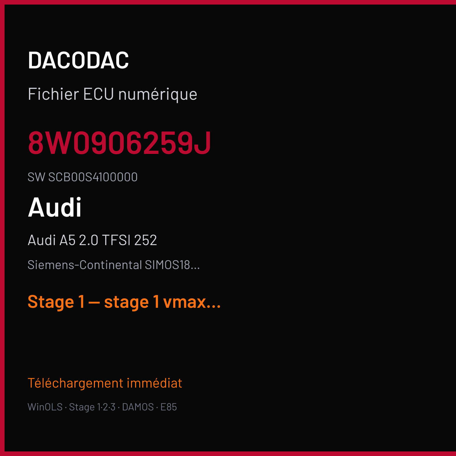 Audi A5 2.0 TFSI 252 — Siemens-Continental SIMOS18.4 — 8W0906259J · SCB00S4100000 — Stage 1 — stage 1 vmax off catalyst off