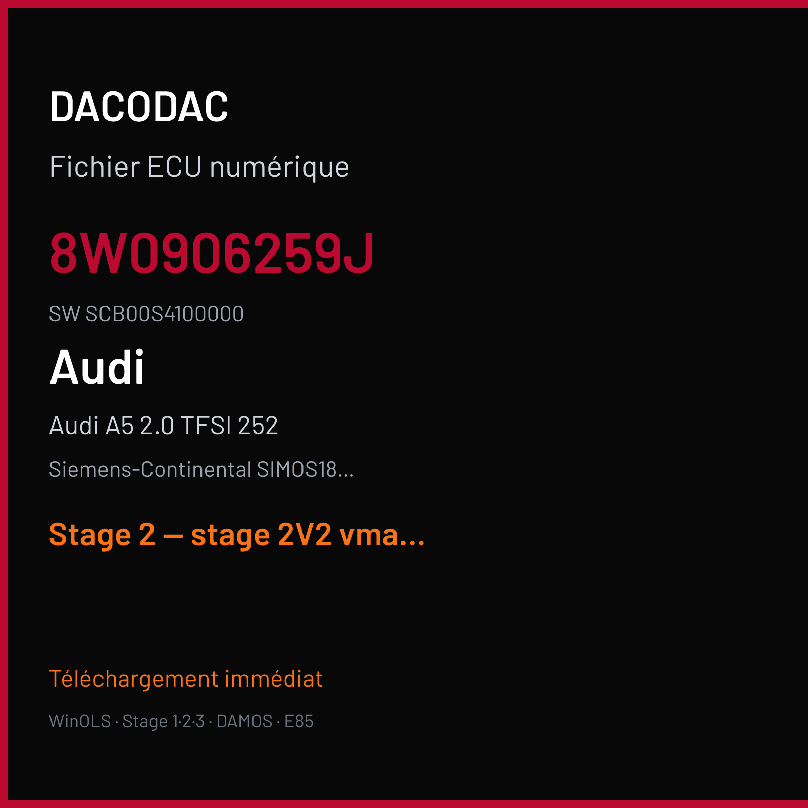 Audi A5 2.0 TFSI 252 — Siemens-Continental SIMOS18.4 — 8W0906259J · SCB00S4100000 — Stage 2 — stage 2V2 vmax off catalyst off Pop and bang above 4000rpm