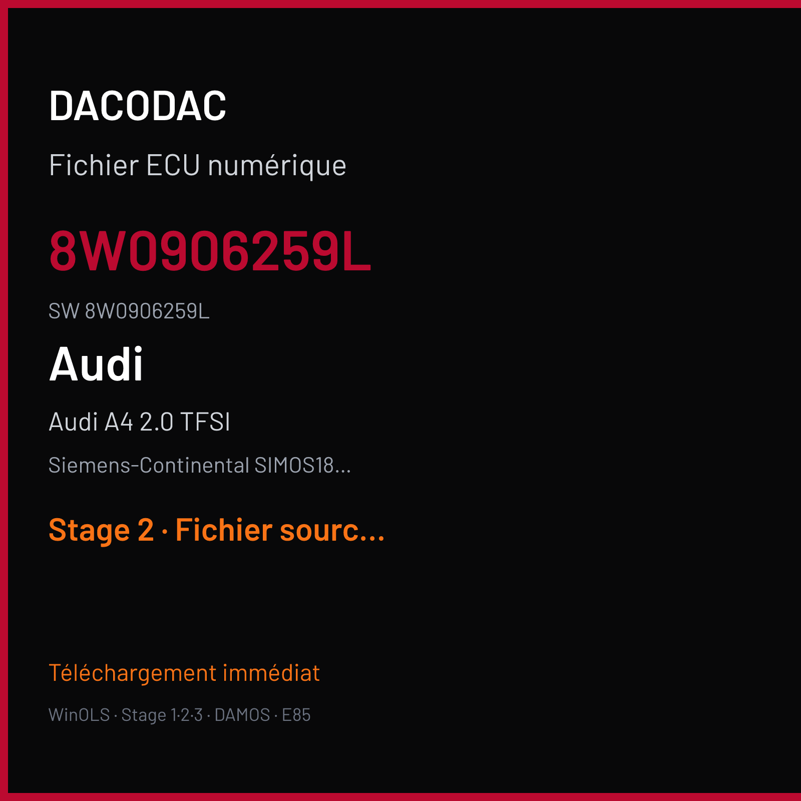 Audi A4 2.0 TFSI 252 ch (2017) — Siemens-Continental SIMOS18.4 — 8W0906259L · 8W0906259L · SCB00S3000000 — Stage 2
