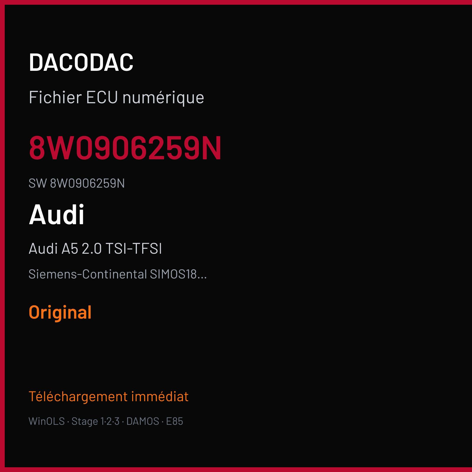 Audi A5 2.0 TSI-TFSI 245 ch (2018) — Siemens-Continental SIMOS18.4 — 8W0906259N · 8W0906259N · SCB00W4700000 — Original