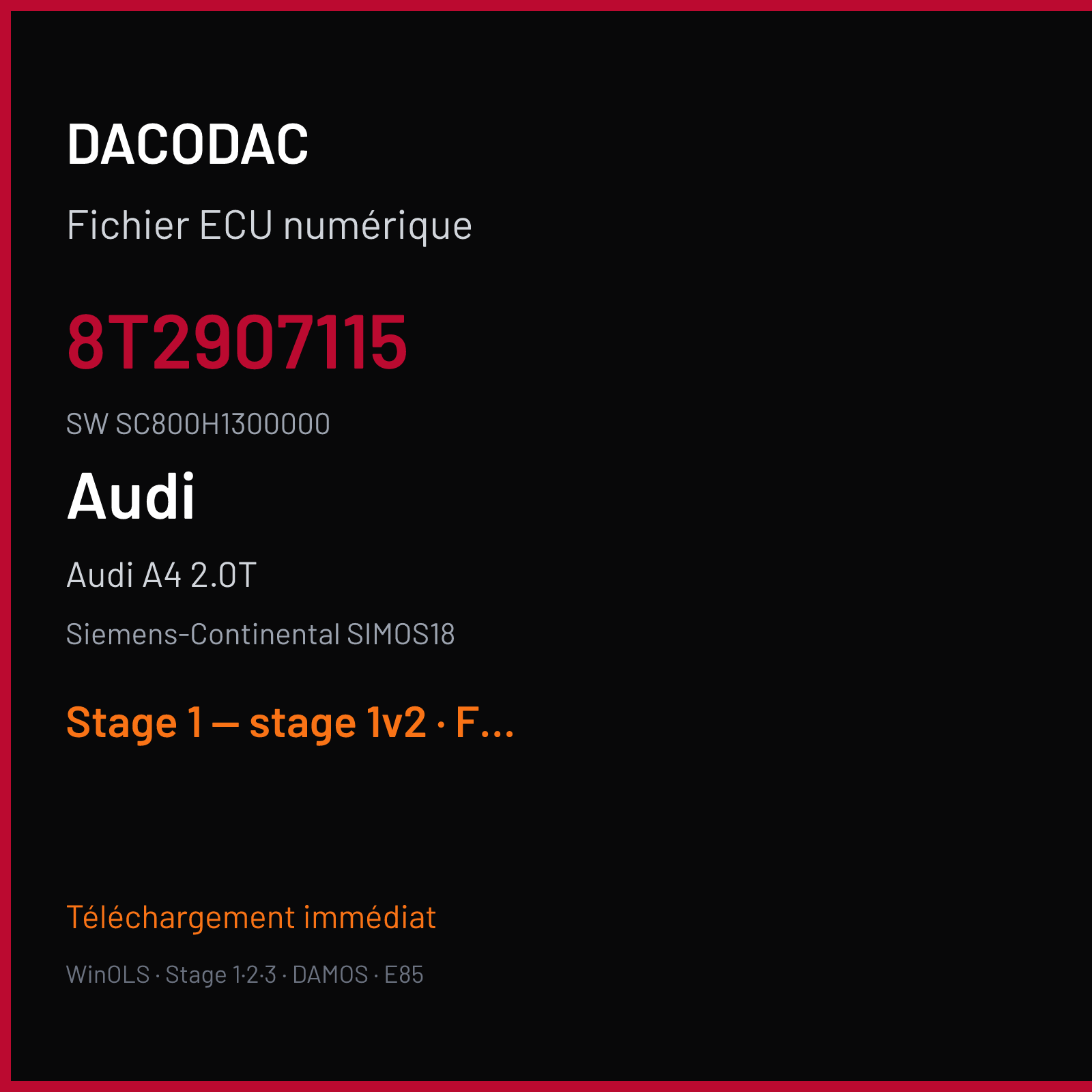 Audi A4 2.0T (2013) — Siemens-Continental SIMOS18 — 8T2907115 · SC800H1300000 — Stage 1 — stage 1v2
