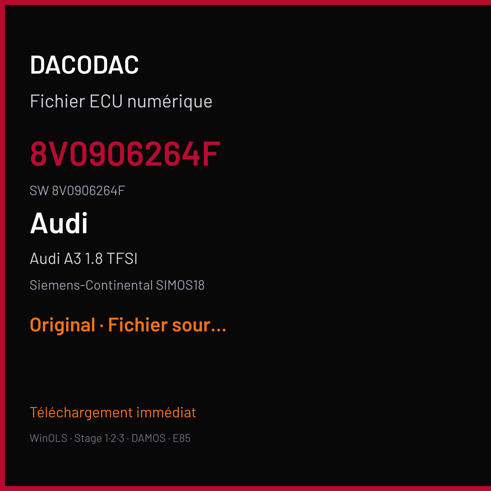 Audi A3 1.8 TFSI 170 ch (2016) — Siemens-Continental SIMOS18 — 8V0906264F · 8V0906264F · 0003 SC800H8300000 — Original