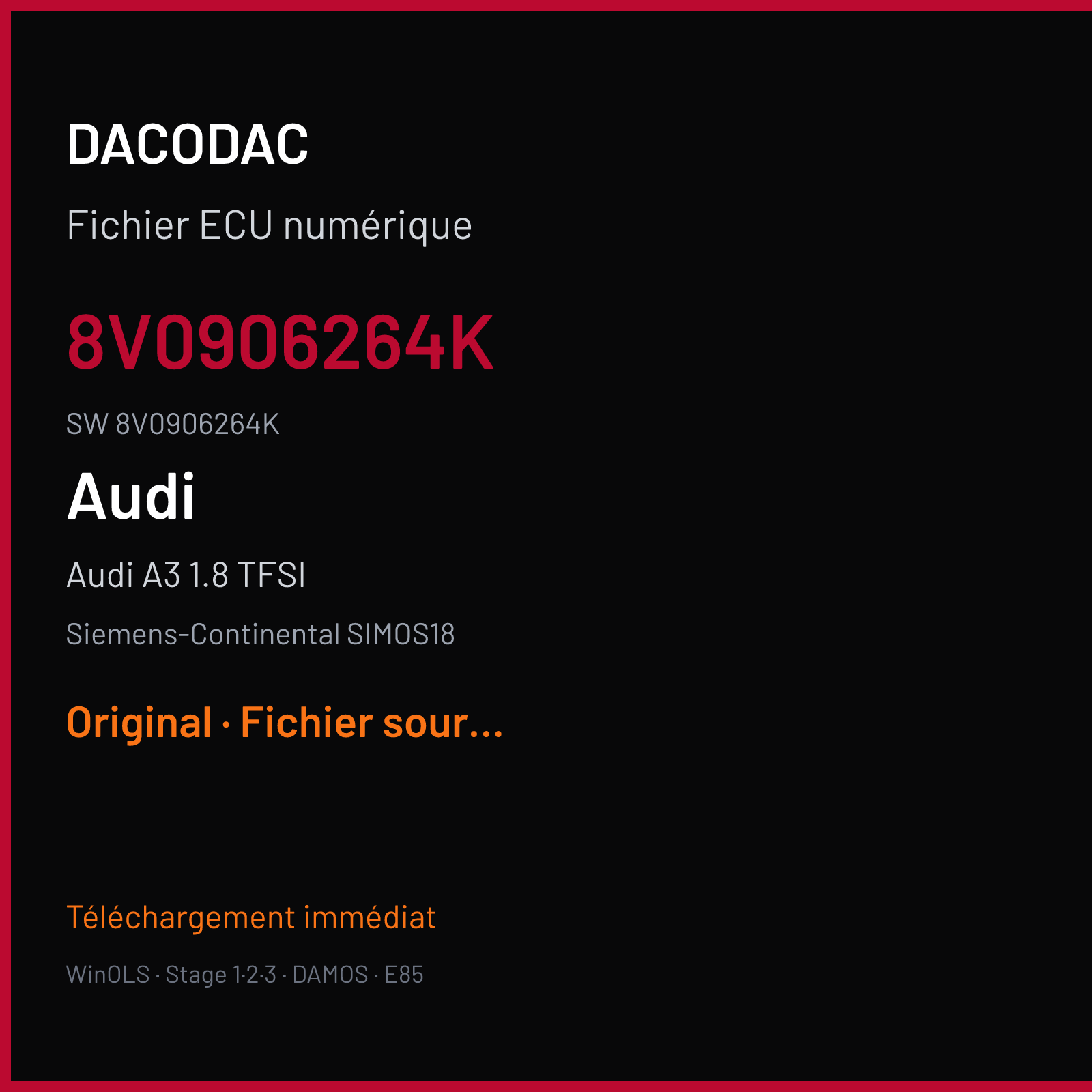 Audi A3 1.8 TFSI 180 ch (2016) — Siemens-Continental SIMOS18 — 8V0906264K · 8V0906264K · 0003 SC800S5000000 — Original