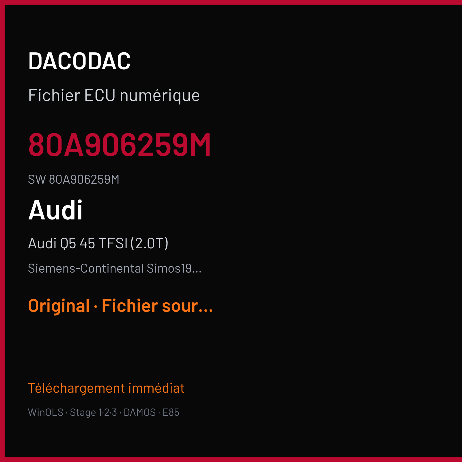 Audi Q5 45 TFSI (2.0T) 252 ch (2020) — Siemens-Continental Simos19.7 — 80A906259M · 80A906259M · 001EV ECM20TFS02080A906259M — Original