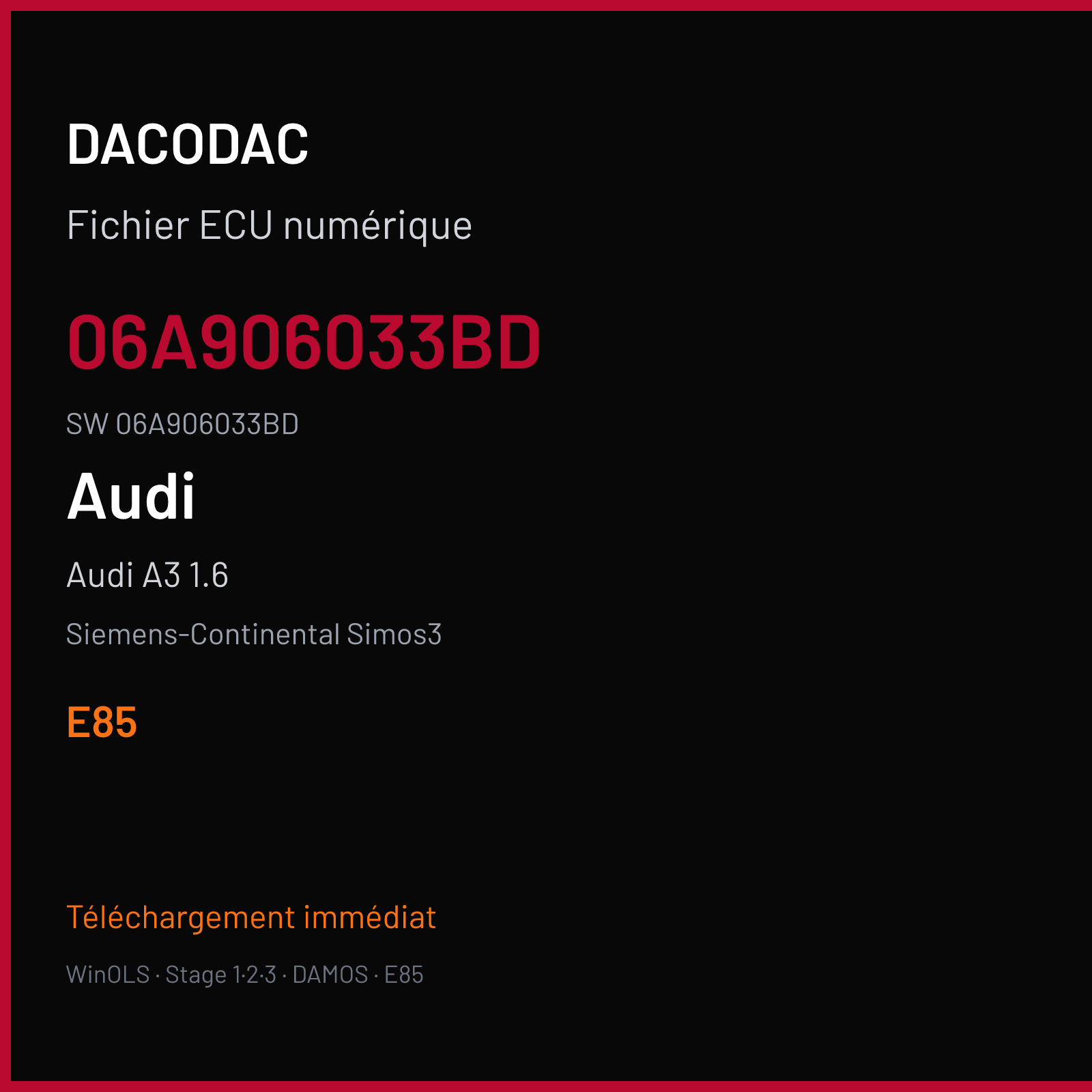 Audi A3 1.6 — Siemens-Continental Simos3 — 06A906033BD · 06A906033BD · S33D043230000 — E85