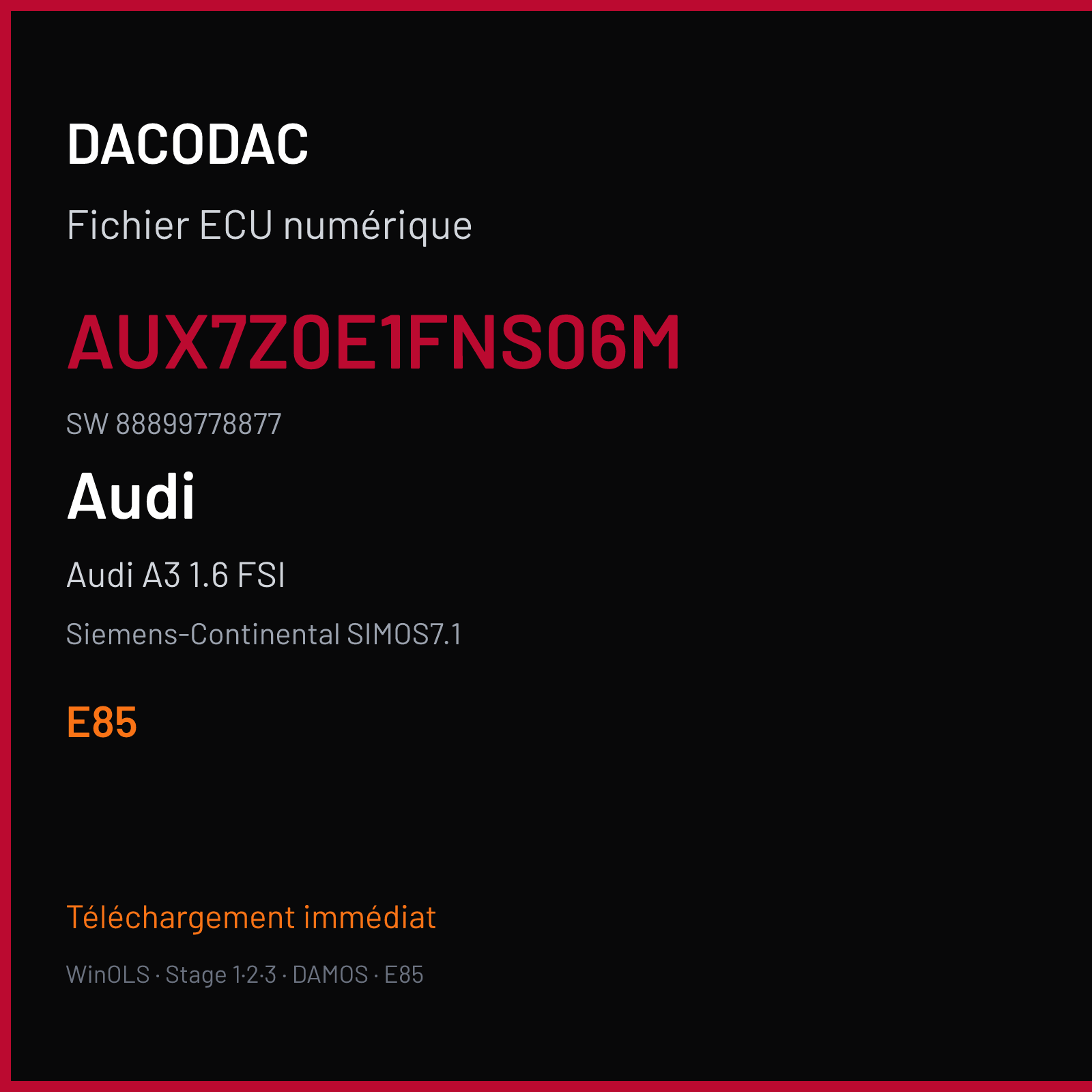 Audi A3 1.6 FSI — Siemens-Continental SIMOS7.1 — AUX7Z0E1FNS06M · 88899778877 · S712011000000 — E85