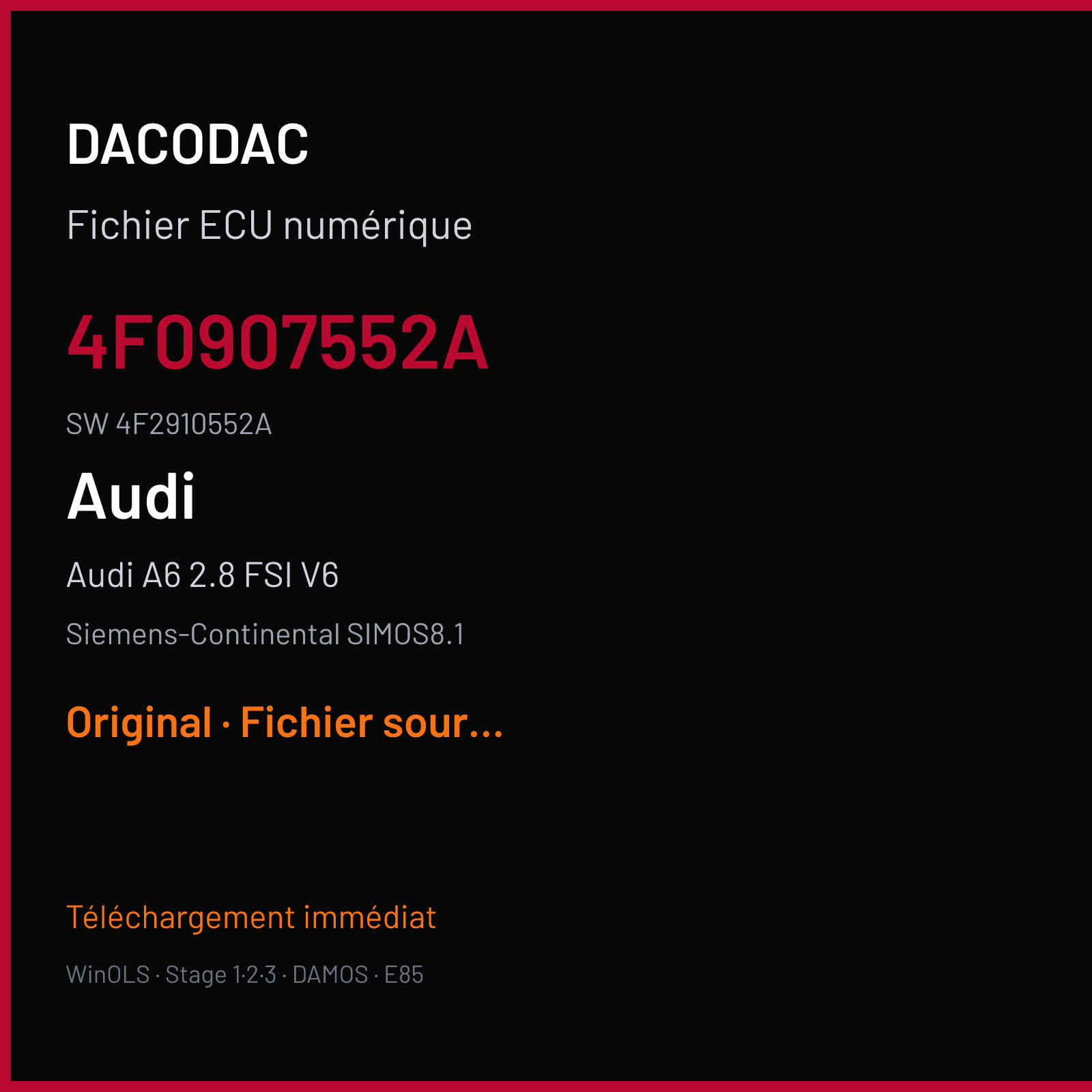 Audi A6 2.8 FSI V6 209 ch (2008) — Siemens-Continental SIMOS8.1 — 4F0907552A · 4F2910552A · S8100E7000000 — Original