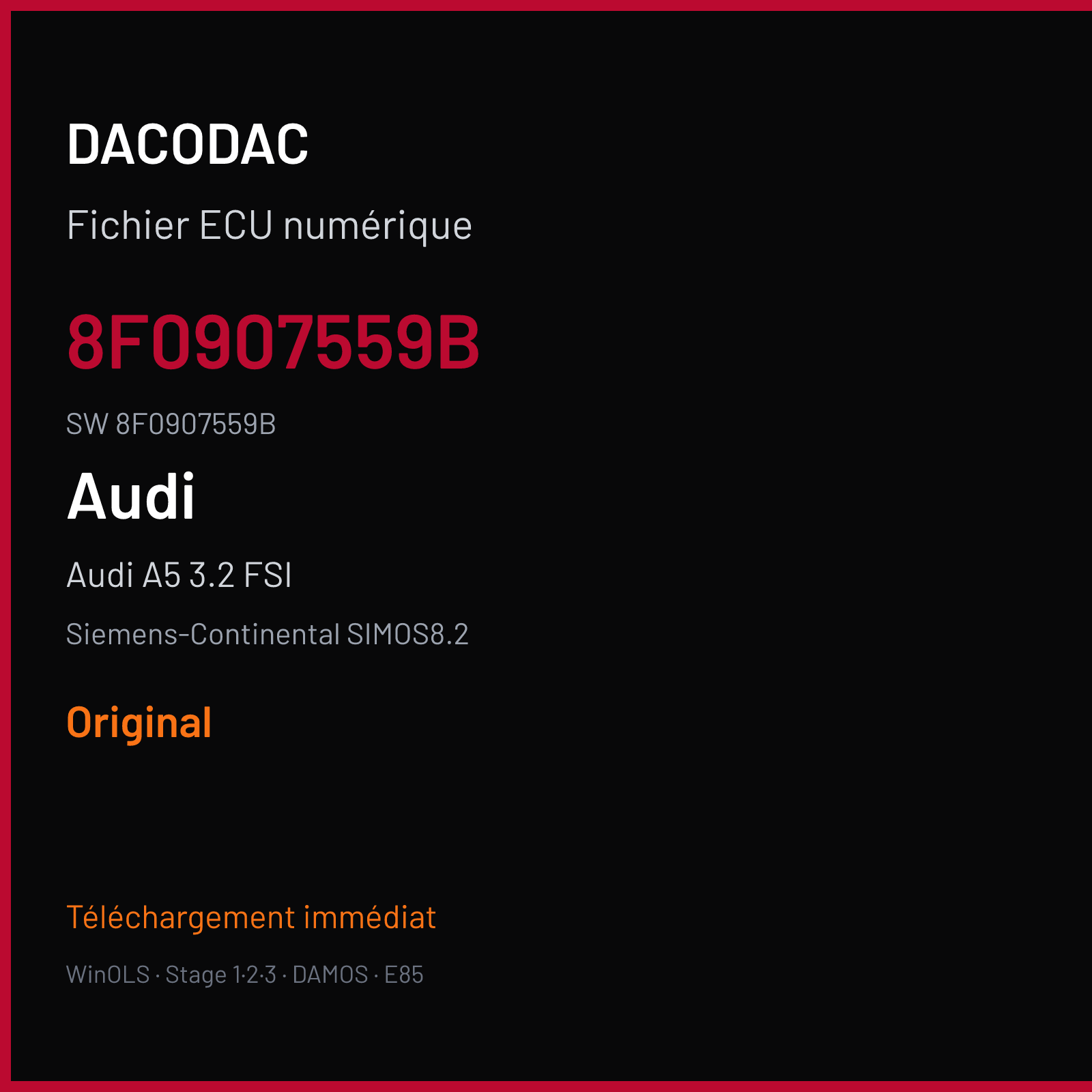 Audi A5 3.2 FSI 265 ch (2009) — Siemens-Continental SIMOS8.2 — 8F0907559B · 8F0907559B · S8200N0000000 — Original