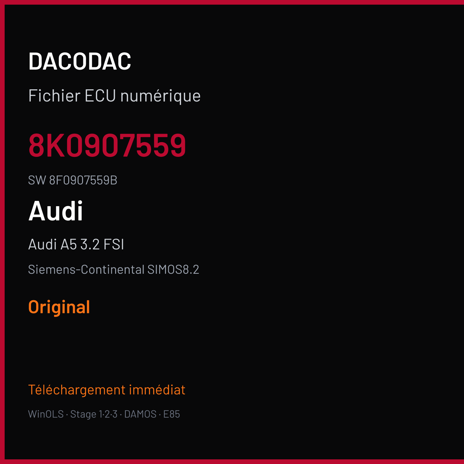 Audi A5 3.2 FSI 265 ch (2010) — Siemens-Continental SIMOS8.2 — 8K0907559 · 8F0907559B · S8200O1000000 — Original