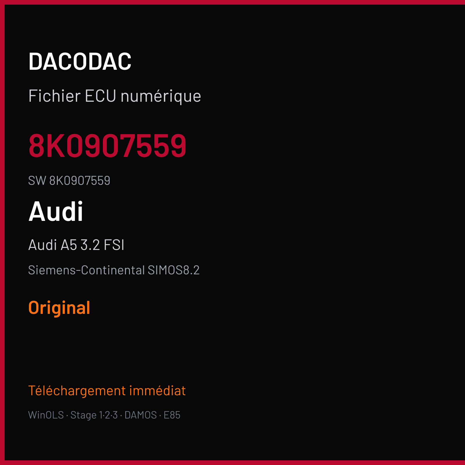 Audi A5 3.2 FSI 265 ch (2009) — Siemens-Continental SIMOS8.2 — 8K0907559 · 8K0907559 · S8200N0000000 — Original