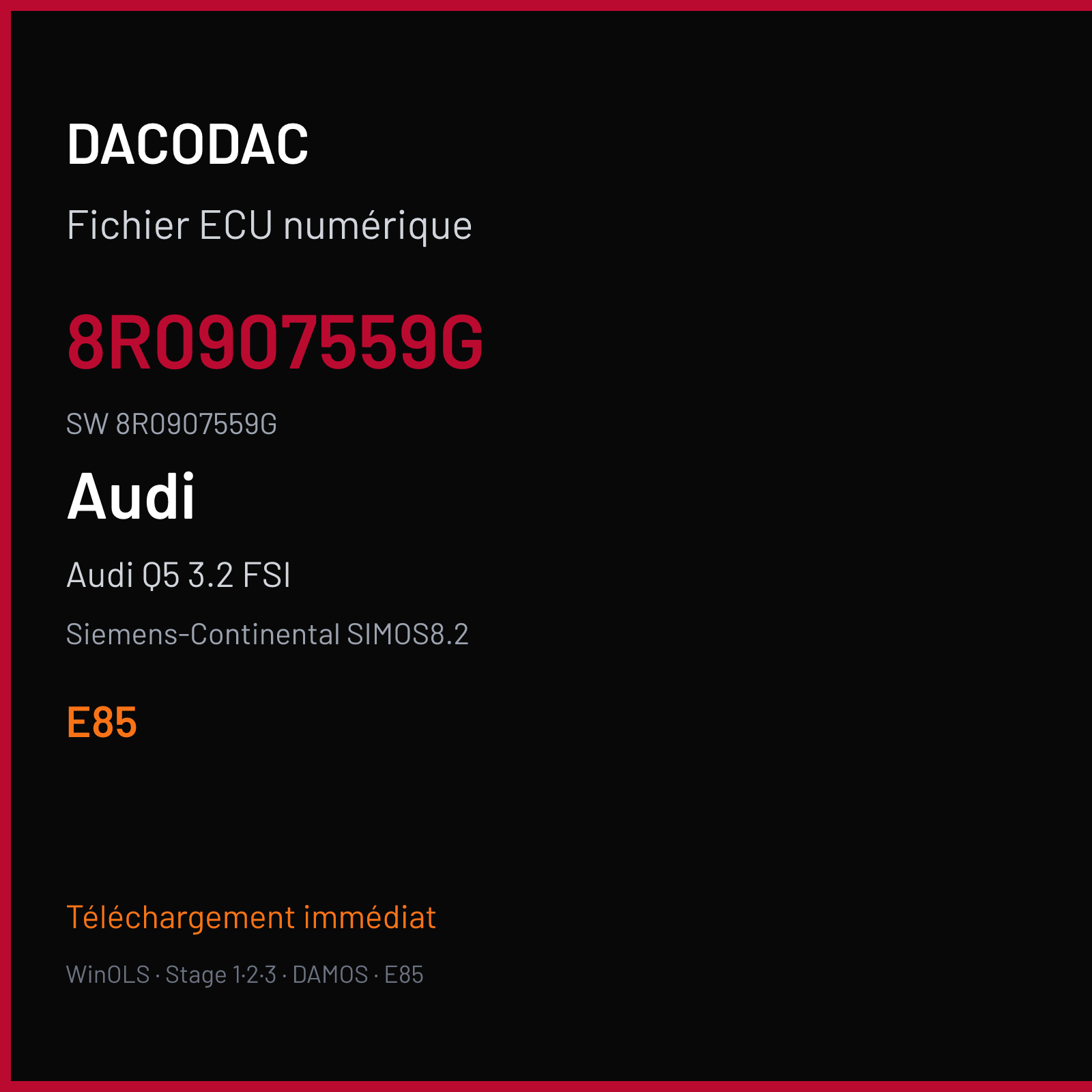 Audi Q5 3.2 FSI 271 ch — Siemens-Continental SIMOS8.2 — 8R0907559G · 8R0907559G · S8200P2000000 — E85