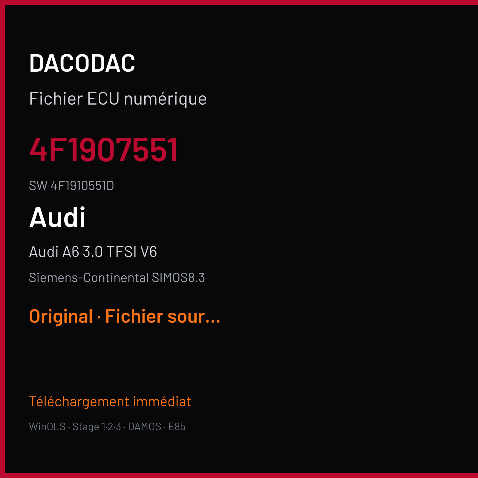 Audi A6 3.0 TFSI V6 290 ch (2016) — Siemens-Continental SIMOS8.3 — 4F1907551 · 4F1910551D · S8300F3000000 — Original
