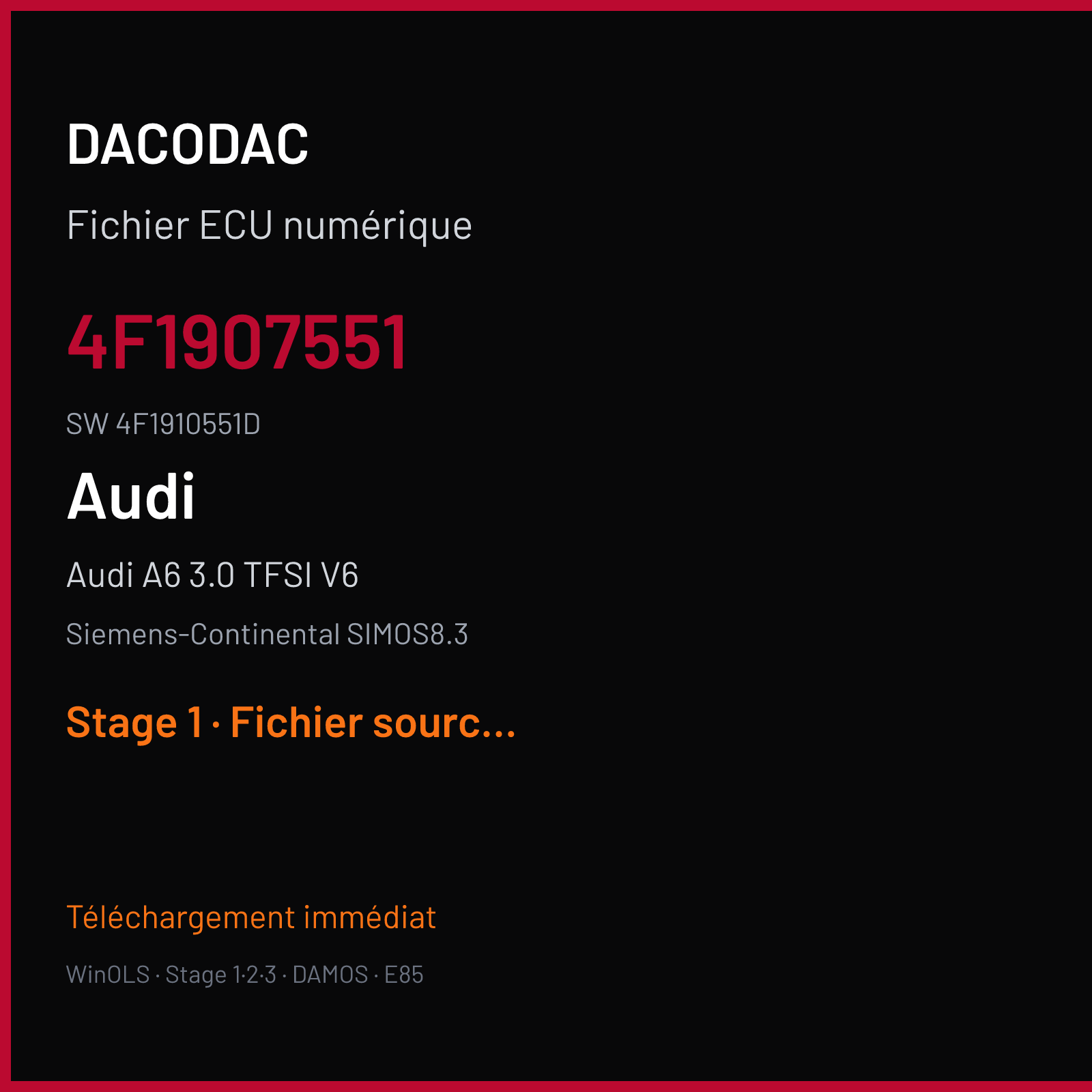 Audi A6 3.0 TFSI V6 290 ch (2016) — Siemens-Continental SIMOS8.3 — 4F1907551 · 4F1910551D · S8300F3000000 — Stage 1