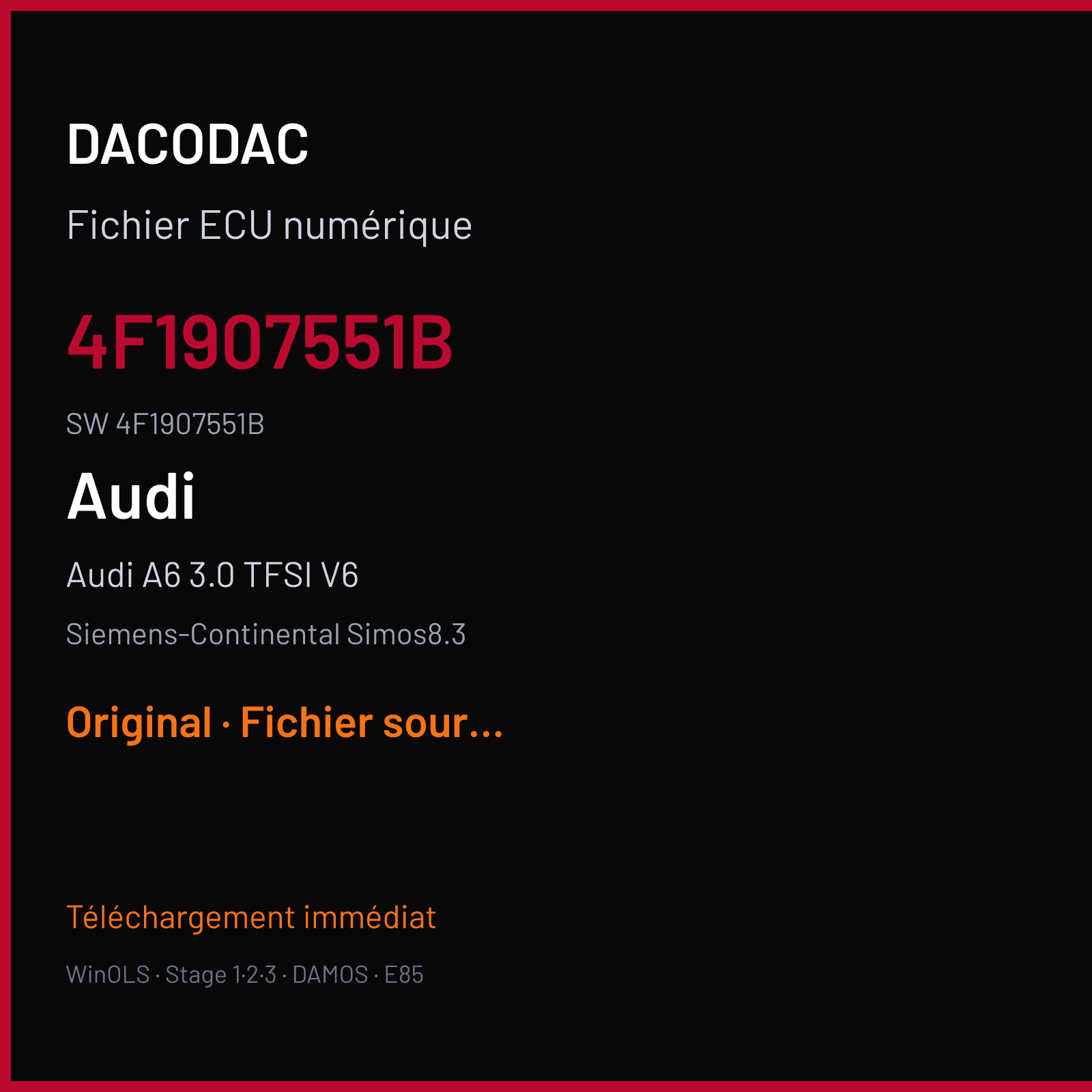Audi A6 3.0 TFSI V6 290 ch (2008) — Siemens-Continental Simos8.3 — 4F1907551B · 4F1907551B · S830092000000 — Original