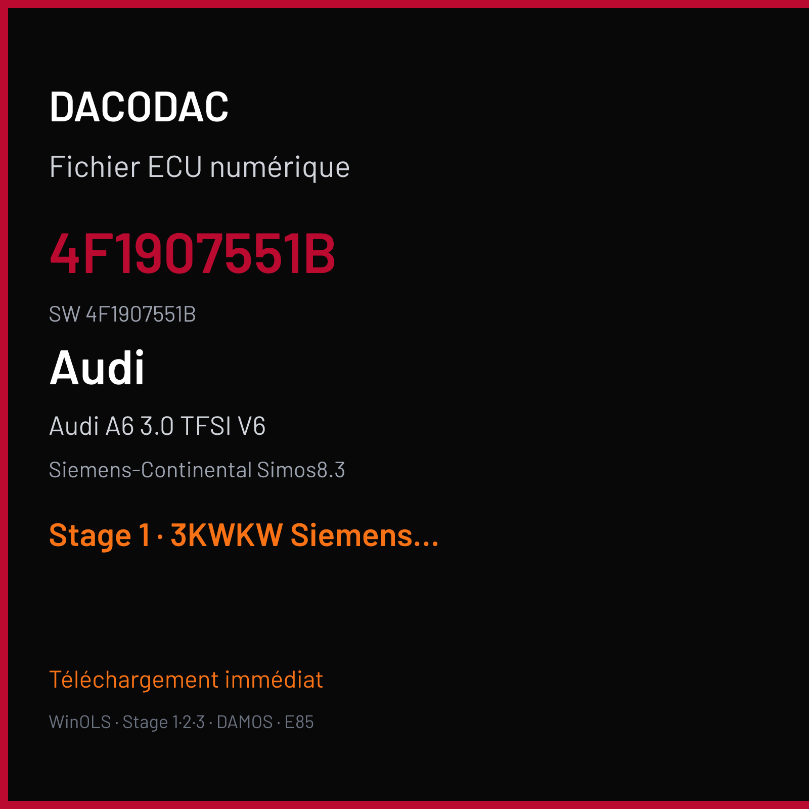 Audi A6 3.0 TFSI V6 290 ch (2008) — Siemens-Continental Simos8.3 — 4F1907551B · 4F1907551B · S830092000000 — Stage 1