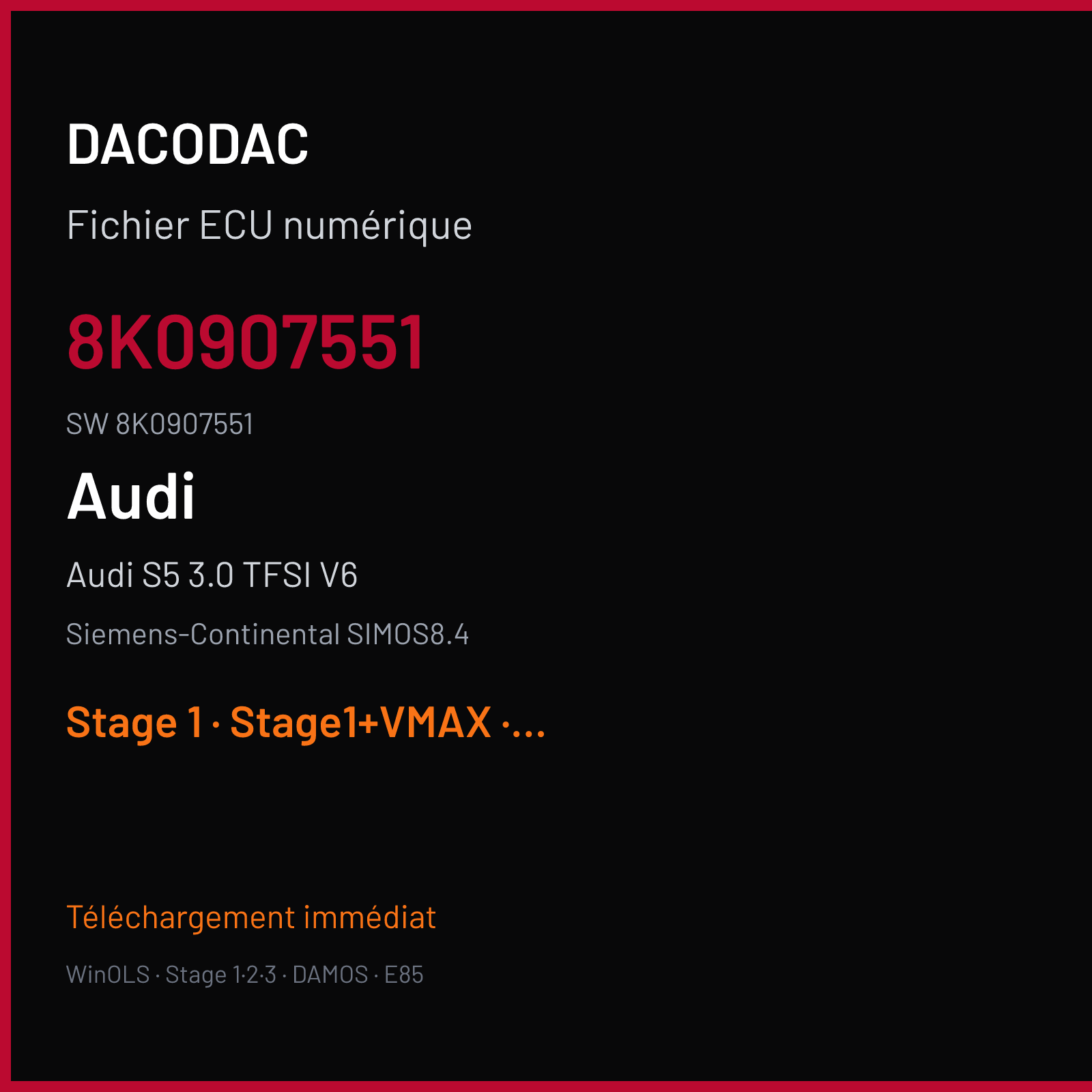 Audi S5 3.0 TFSI V6 333 ch (2014) — Siemens-Continental SIMOS8.4 — 8K0907551 · 8K0907551 · 0006 S8400H3000000 — Stage 1