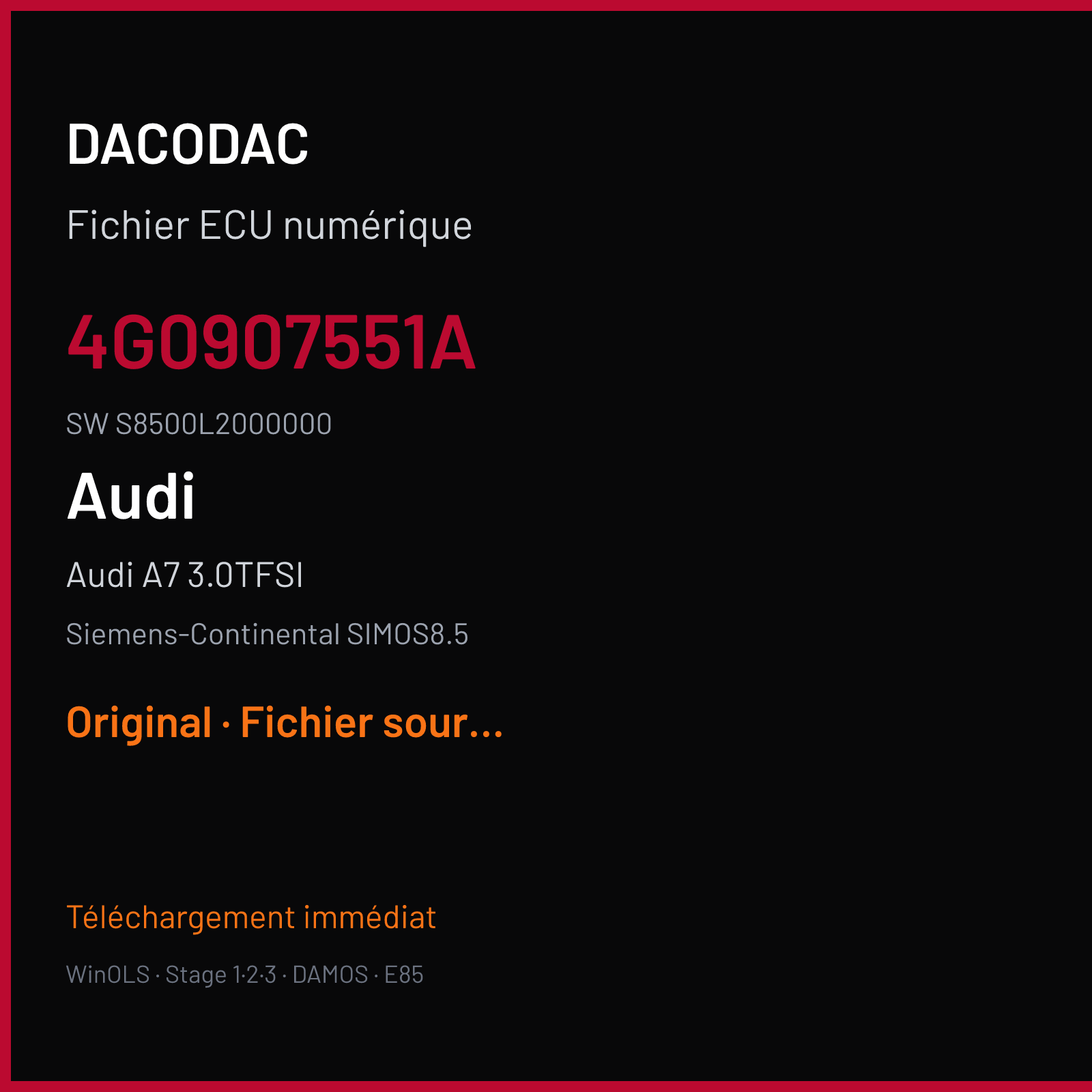 Audi A7 3.0TFSI (2012) — Siemens-Continental SIMOS8.5 — 4G0907551A · S8500L2000000 — Original