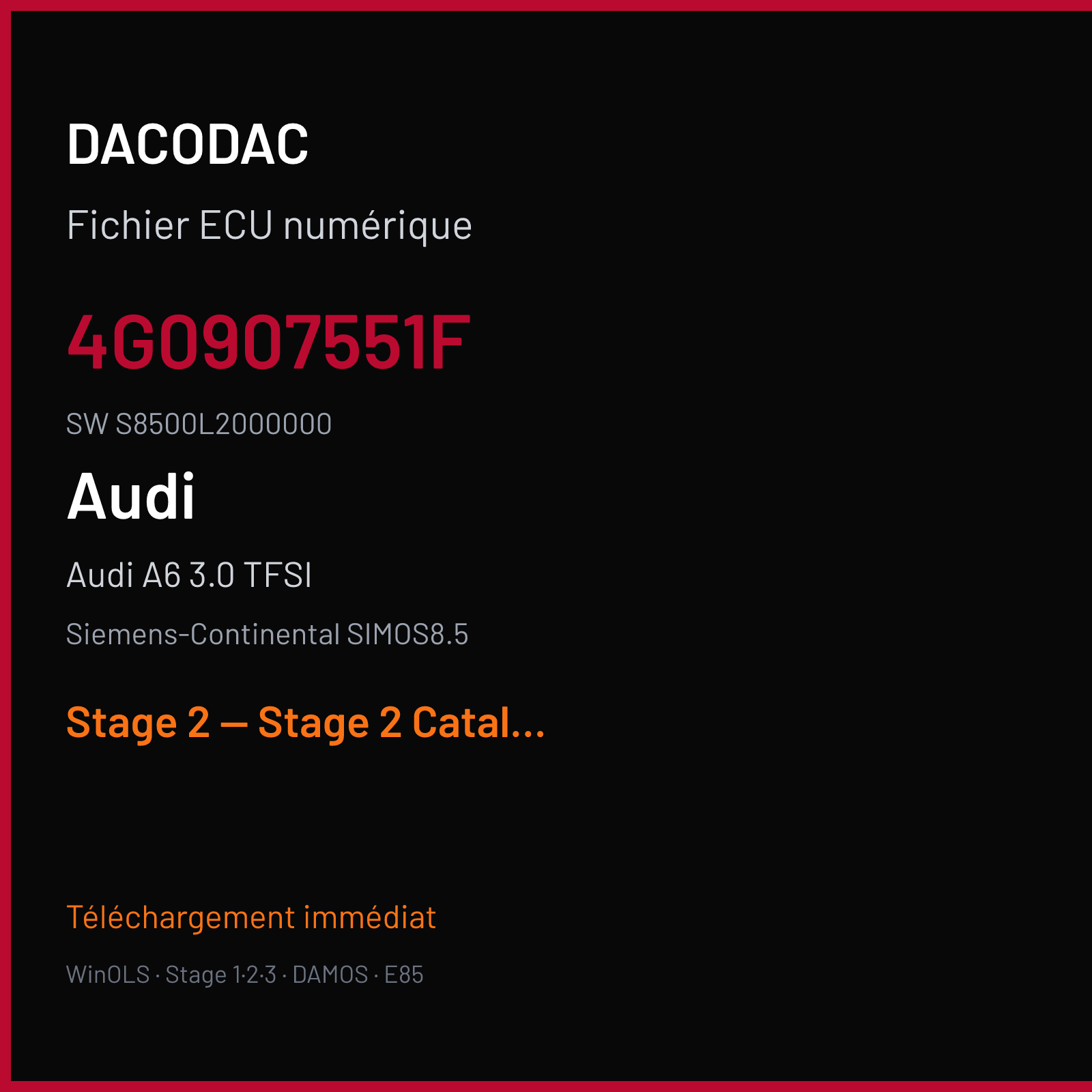 Audi A6 3.0 TFSI (2013) — Siemens-Continental SIMOS8.5 — 4G0907551F · S8500L2000000 — Stage 2 — Stage 2 Catalyst OFF