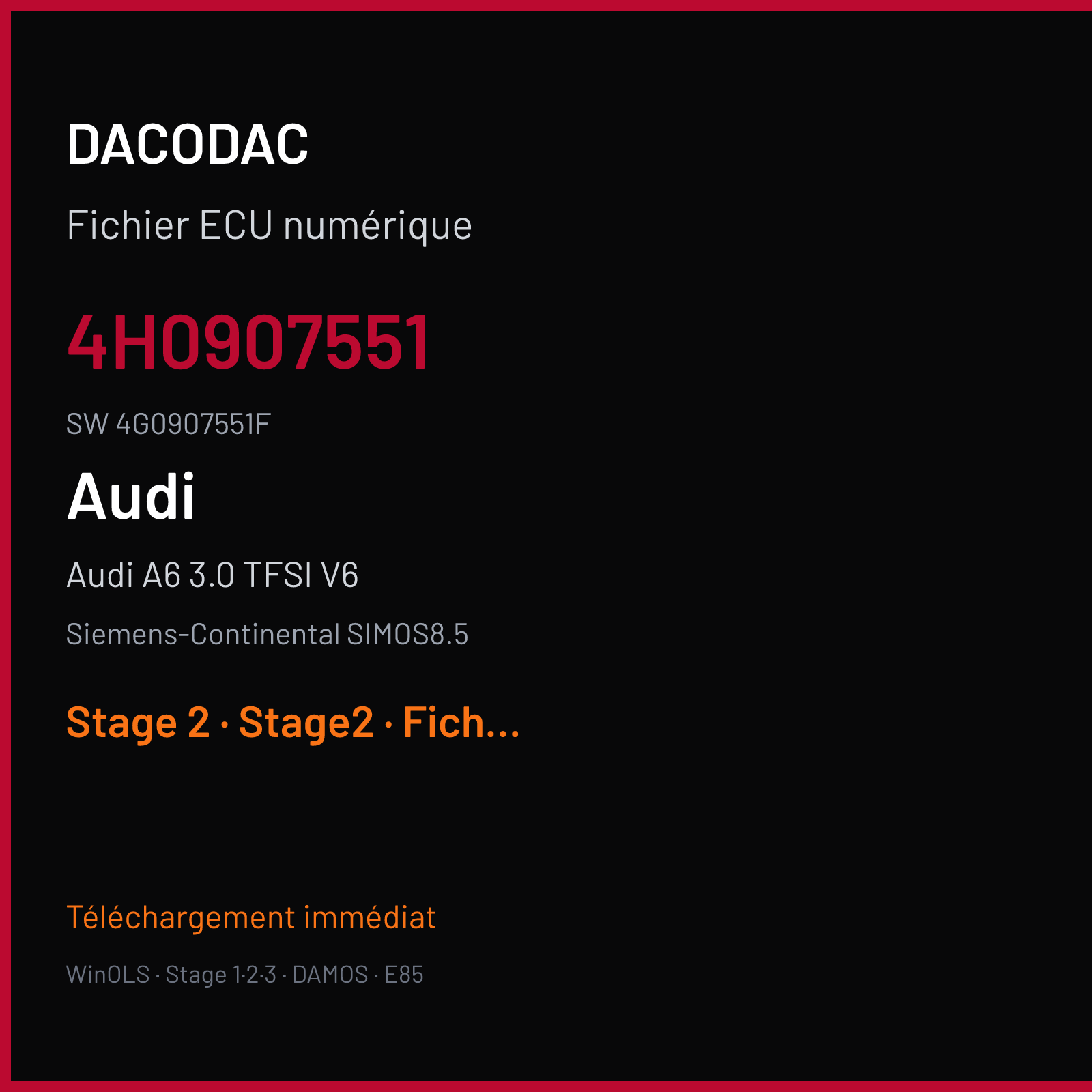 Audi A6 3.0 TFSI V6 300 ch (2012) — Siemens-Continental SIMOS8.5 — 4H0907551 · 4G0907551F · 0006 S8500L2000000 — Stage 2
