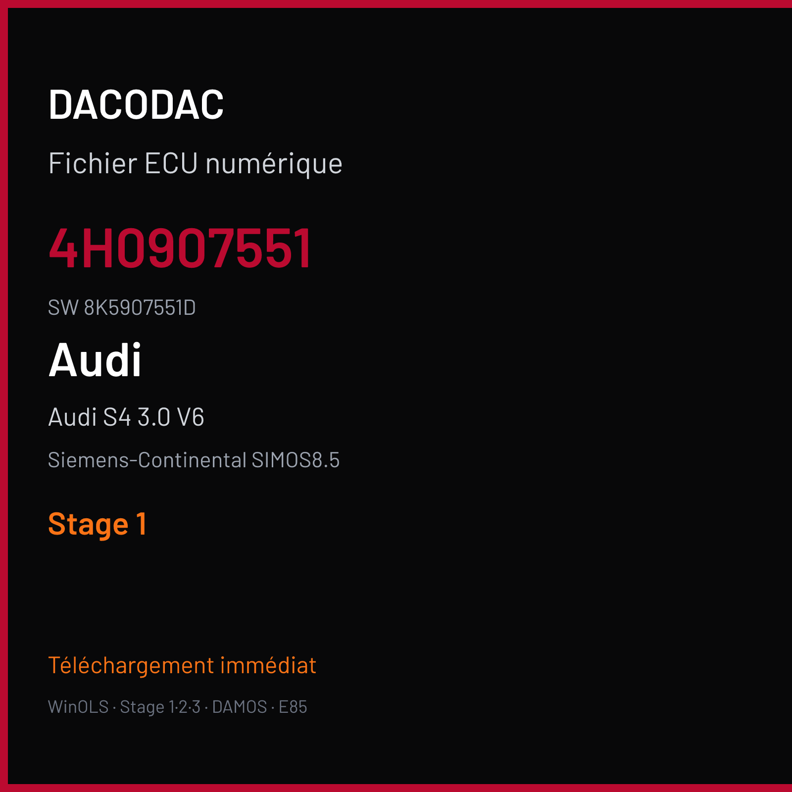 Audi S4 3.0 V6 333 ch (2015) — Siemens-Continental SIMOS8.5 — 4H0907551 · 8K5907551D · S8500L2000000 — Stage 1