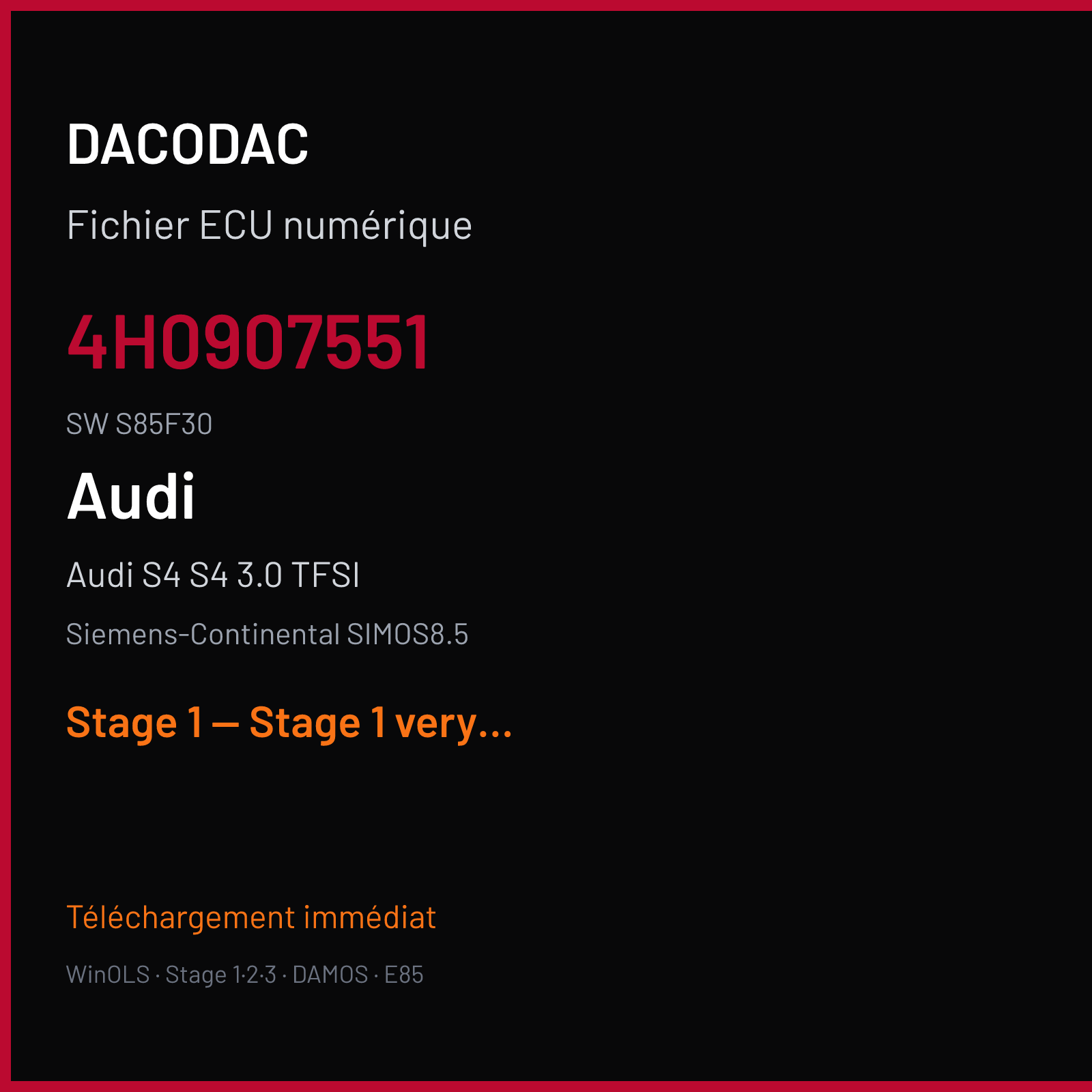 Audi S4 S4 3.0 TFSI (2014) — Siemens-Continental SIMOS8.5 — 4H0907551 · S85F30 — Stage 1 — Stage 1 very good