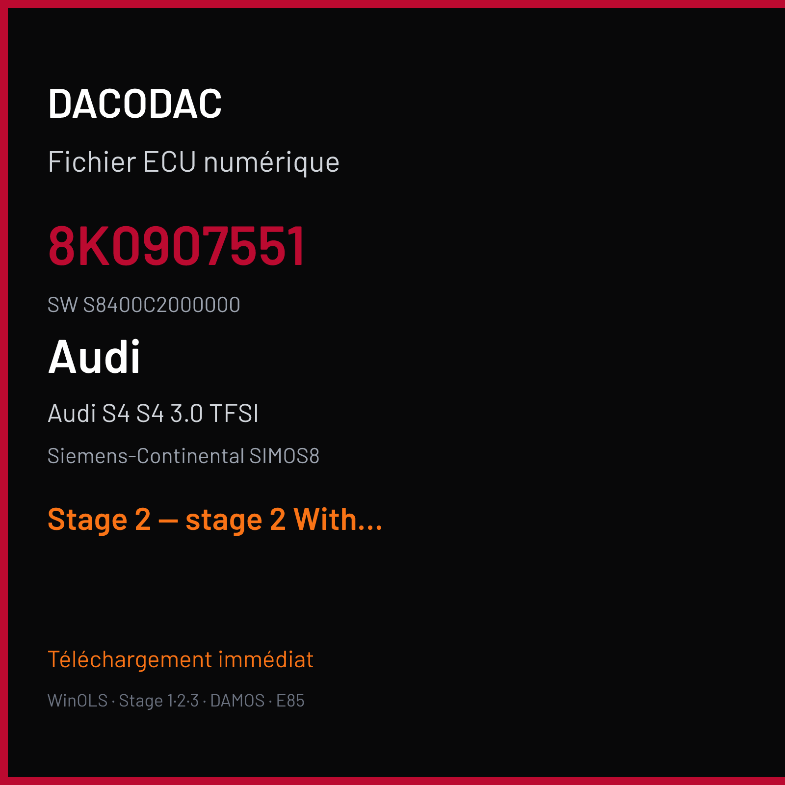 Audi S4 S4 3.0 TFSI (2010) — Siemens-Continental SIMOS8 — 8K0907551 · S8400C2000000 — Stage 2 — stage 2 With Pulley limited mappack
