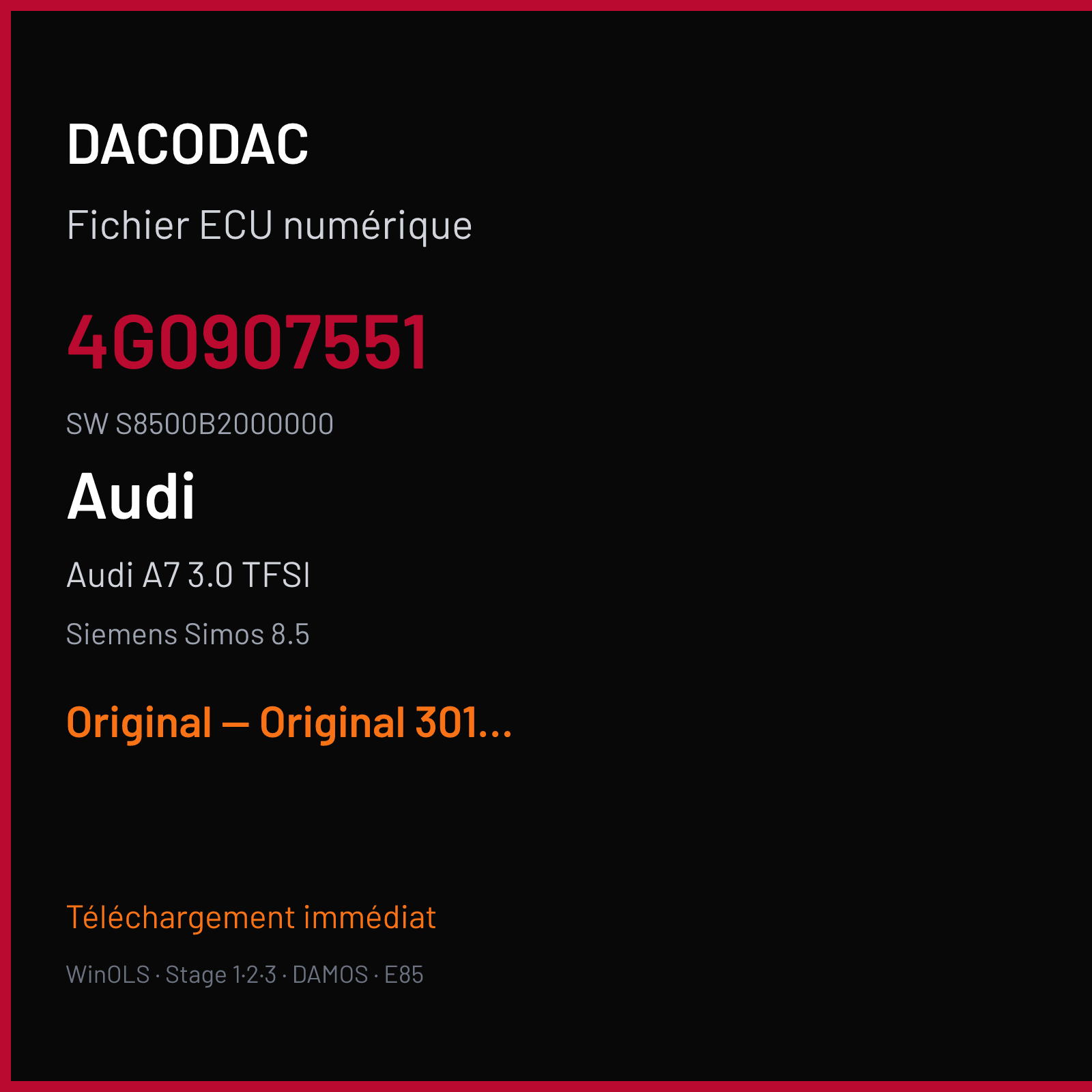Audi A7 3.0 TFSI (2011) — Siemens Simos 8.5 — 4G0907551 · S8500B2000000 — Original — Original 301hp 440nm