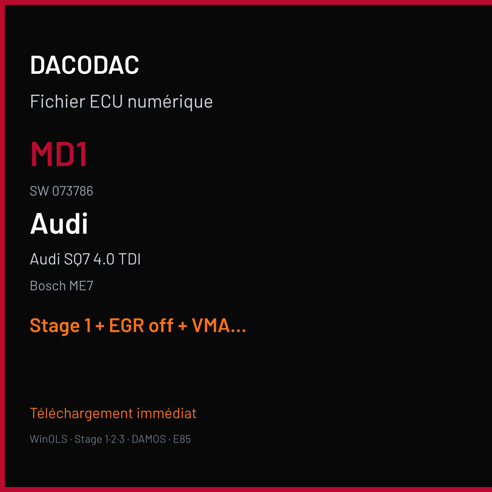 Audi SQ7 4.0 TDI — Bosch ME7 — MD1 · 073786 — Stage 1 + EGR off + VMAX off