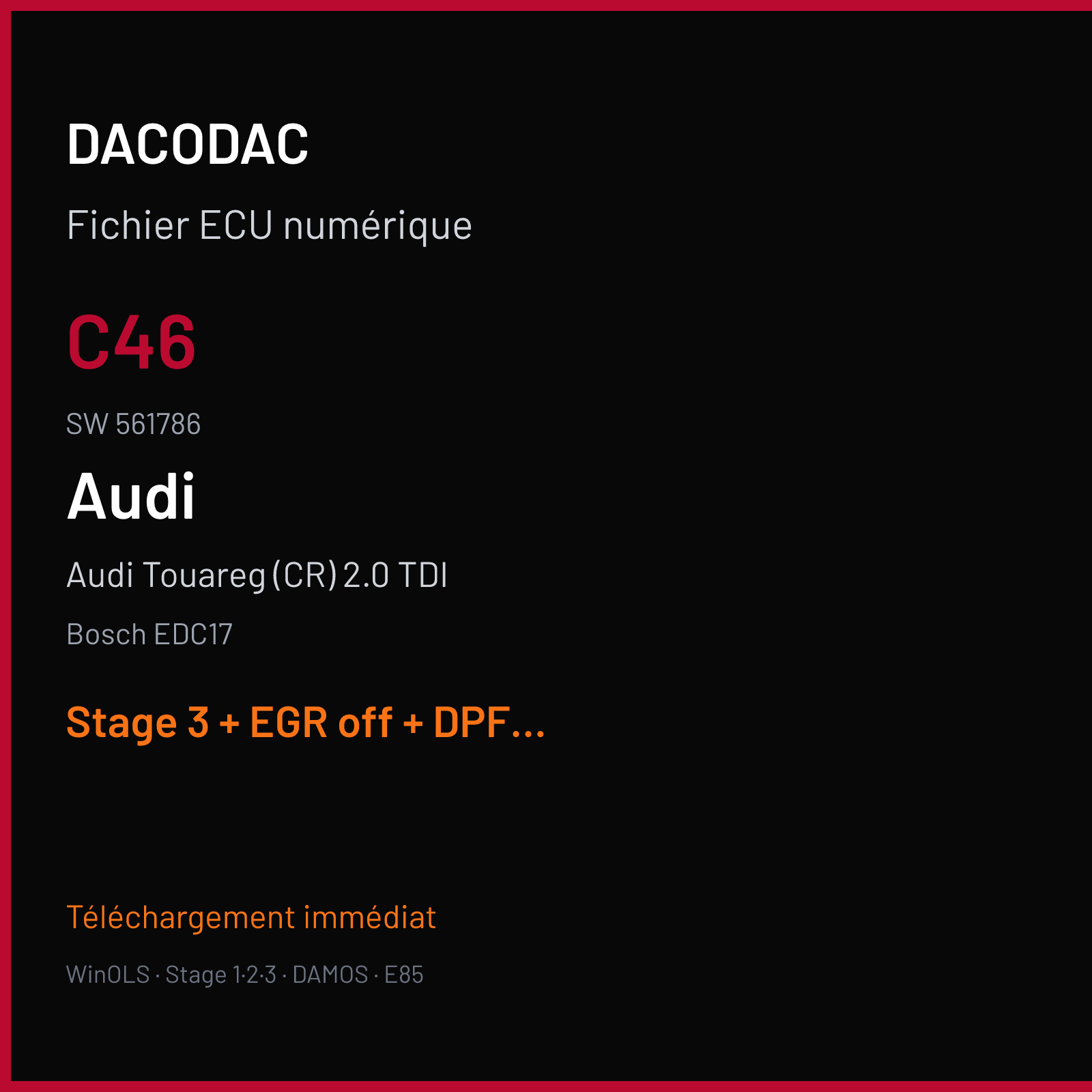 Audi Touareg (CR) 2.0 TDI (2013) — Bosch EDC17 — C46 · 561786 — Stage 3 + EGR off + DPF off