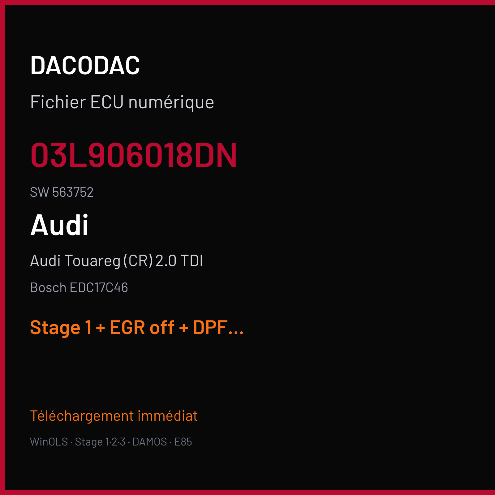 Audi Touareg (CR) 2.0 TDI (2011) — Bosch EDC17C46 — 03L906018DN · 563752 — Stage 1 + EGR off + DPF off