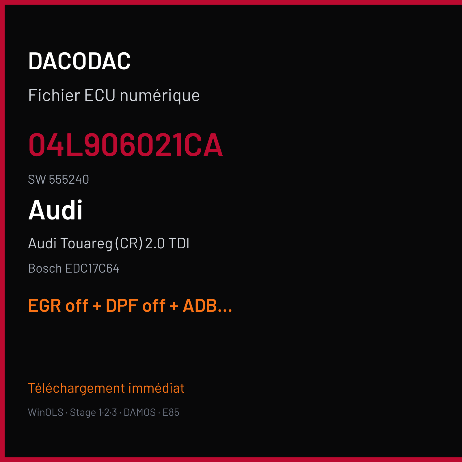 Audi Touareg (CR) 2.0 TDI (2016) — Bosch EDC17C64 — 04L906021CA · 555240 — EGR off + DPF off + ADBLUE off