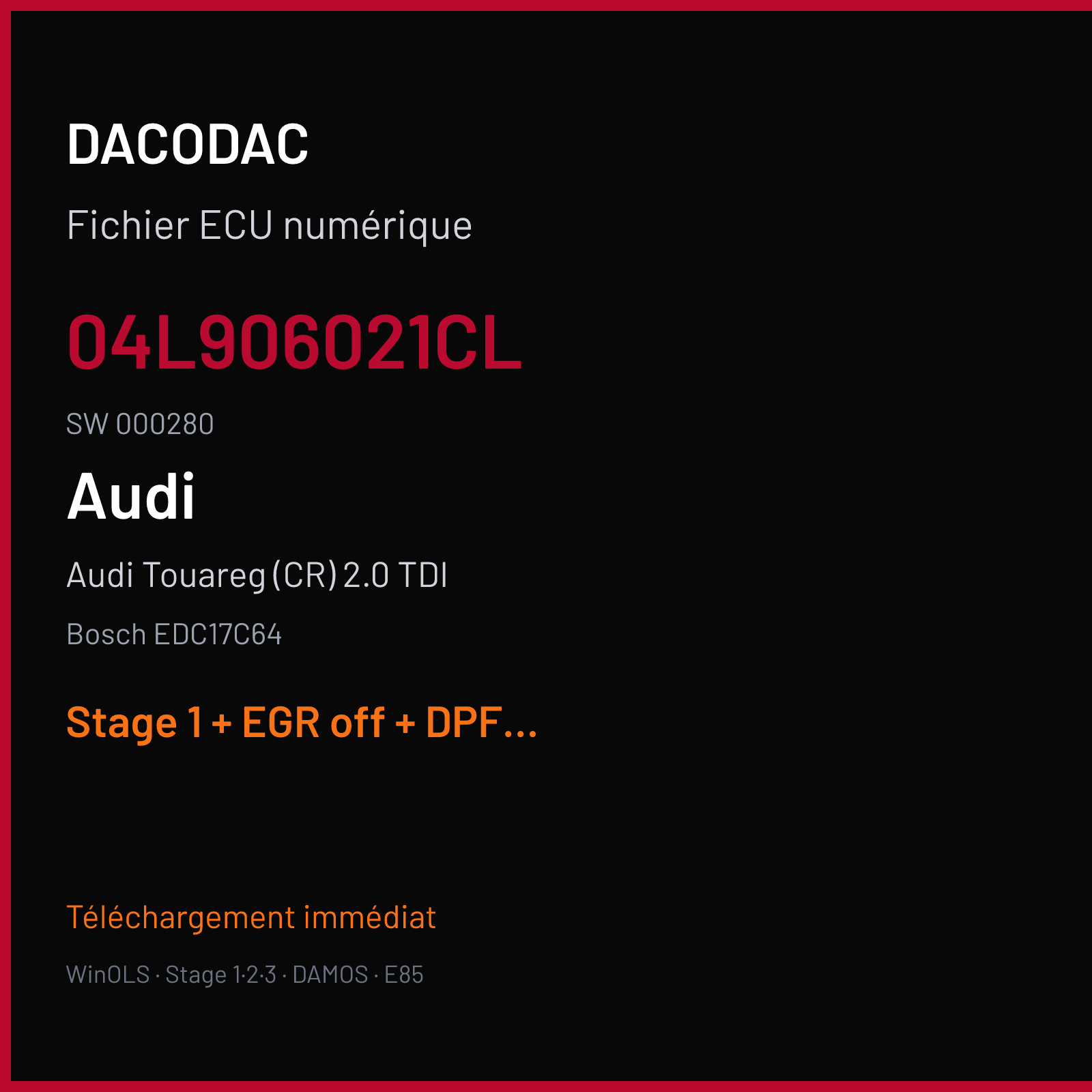 Audi Touareg (CR) 2.0 TDI (2011) — Bosch EDC17C64 — 04L906021CL · 000280 — Stage 1 + EGR off + DPF off + VMAX off