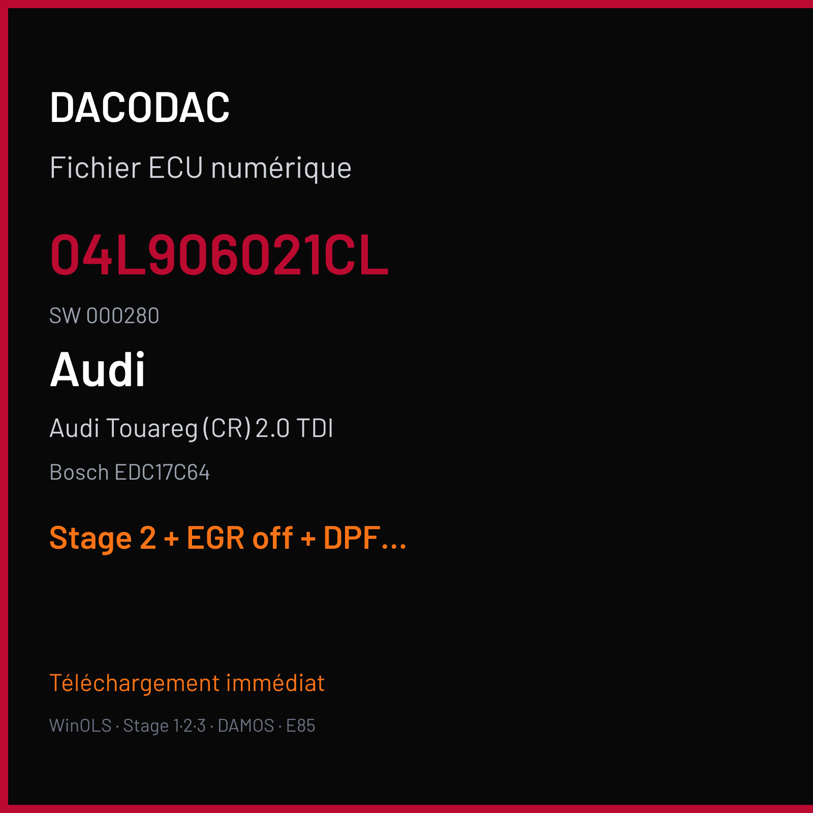 Audi Touareg (CR) 2.0 TDI (2011) — Bosch EDC17C64 — 04L906021CL · 000280 — Stage 2 + EGR off + DPF off + SCR off + VMAX off