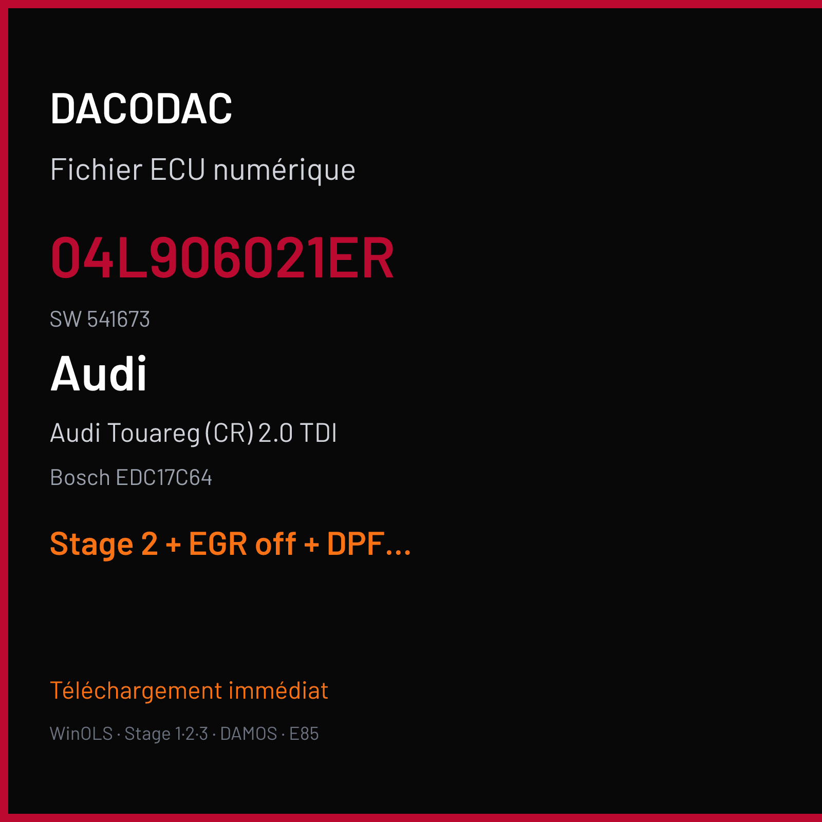 Audi Touareg (CR) 2.0 TDI (2014) — Bosch EDC17C64 — 04L906021ER · 541673 — Stage 2 + EGR off + DPF off