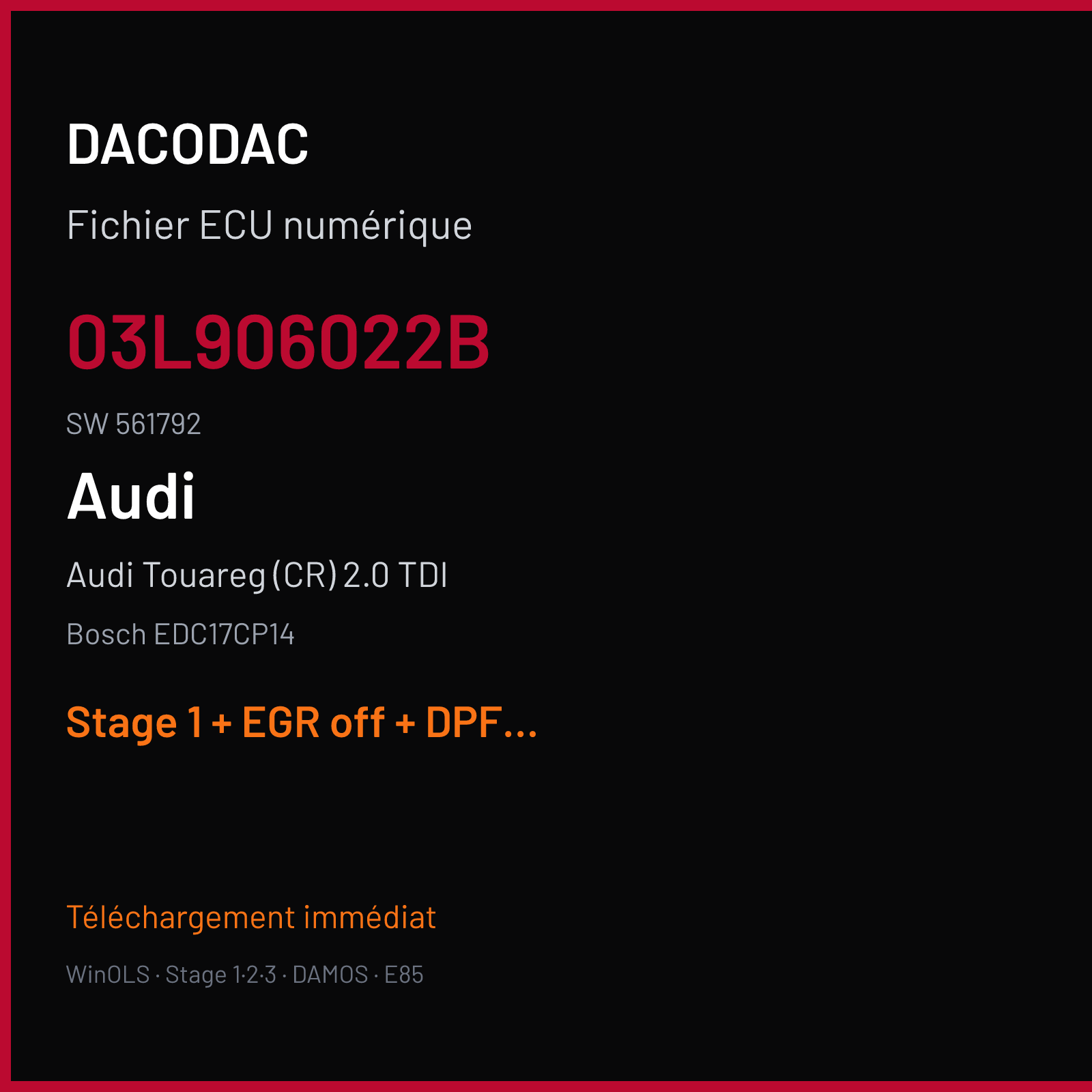 Audi Touareg (CR) 2.0 TDI (2010) — Bosch EDC17CP14 — 03L906022B · 561792 — Stage 1 + EGR off + DPF off