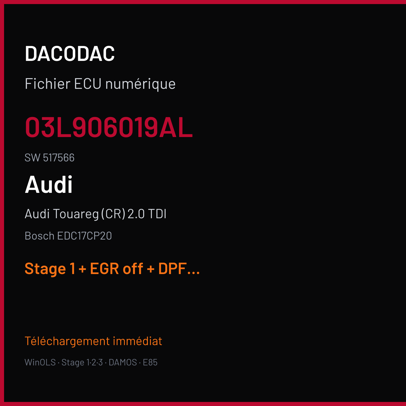 Audi Touareg (CR) 2.0 TDI (2011) — Bosch EDC17CP20 — 03L906019AL · 517566 — Stage 1 + EGR off + DPF off