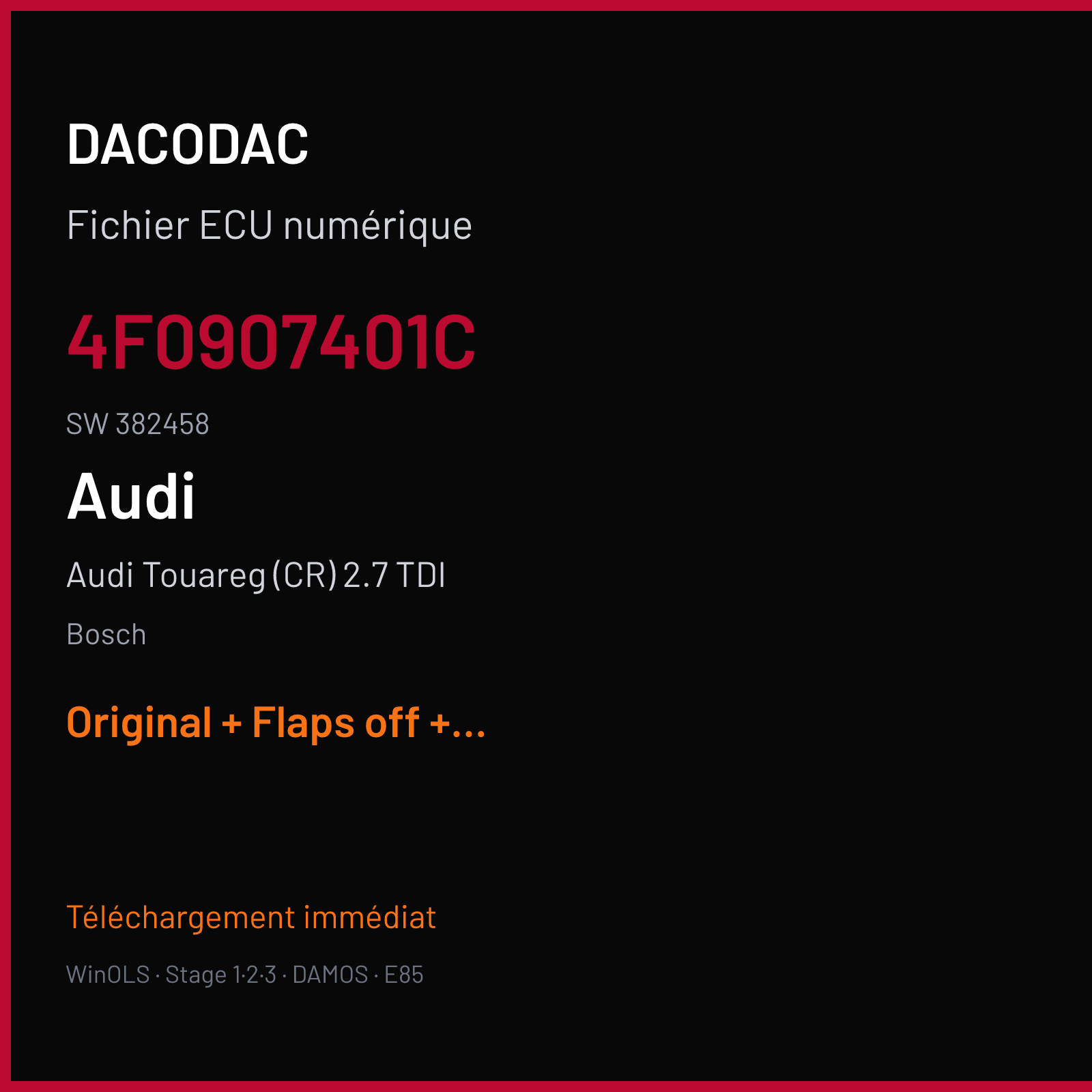 Audi Touareg (CR) 2.7 TDI (2007) — Bosch — 4F0907401C · 382458 — Original + Flaps off + EGR off