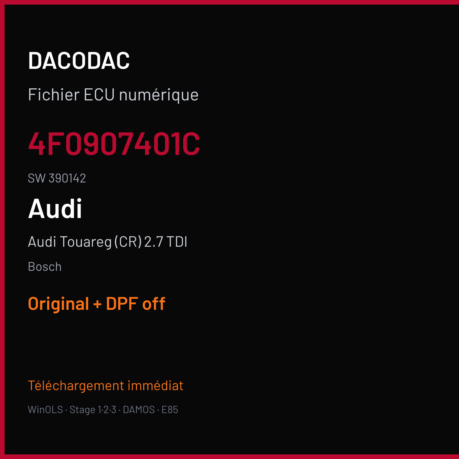 Audi Touareg (CR) 2.7 TDI (2006) — Bosch — 4F0907401C · 390142 — Original + DPF off