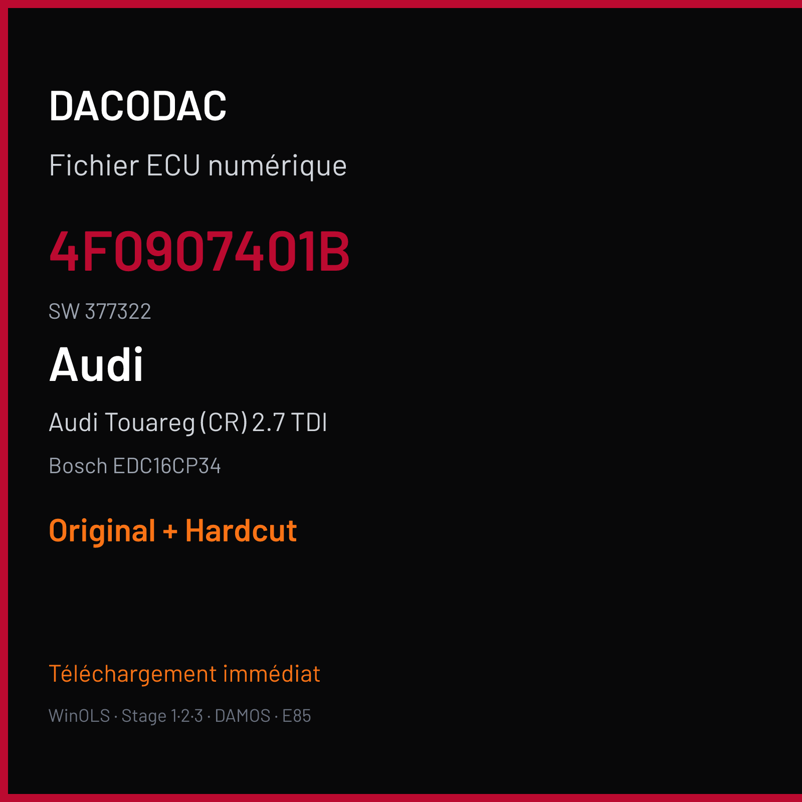 Audi Touareg (CR) 2.7 TDI — Bosch EDC16CP34 — 4F0907401B · 377322 — Original + Hardcut