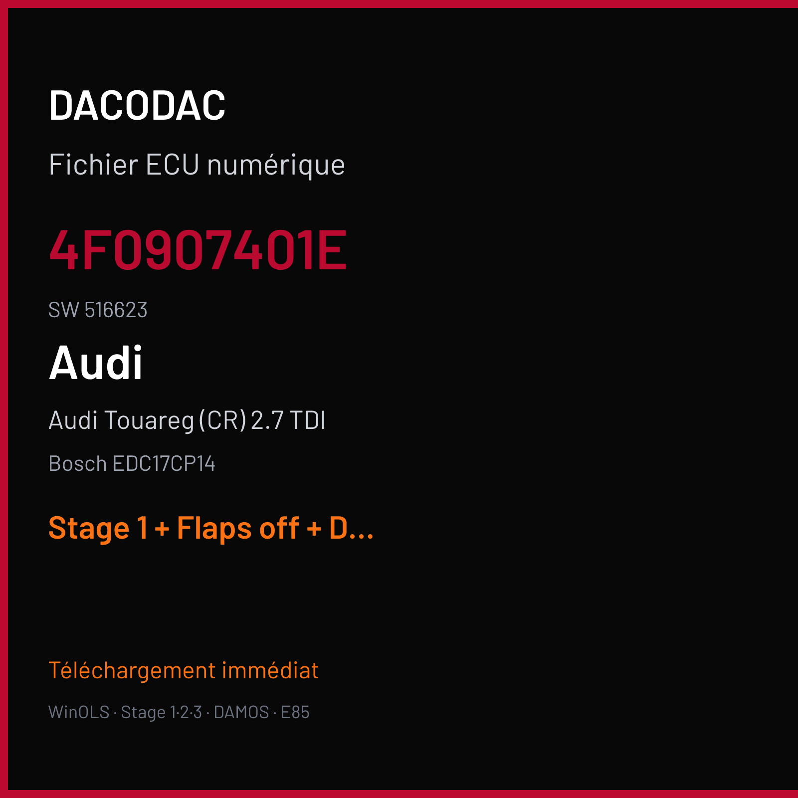 Audi Touareg (CR) 2.7 TDI (2009) — Bosch EDC17CP14 — 4F0907401E · 516623 — Stage 1 + Flaps off + DTC off