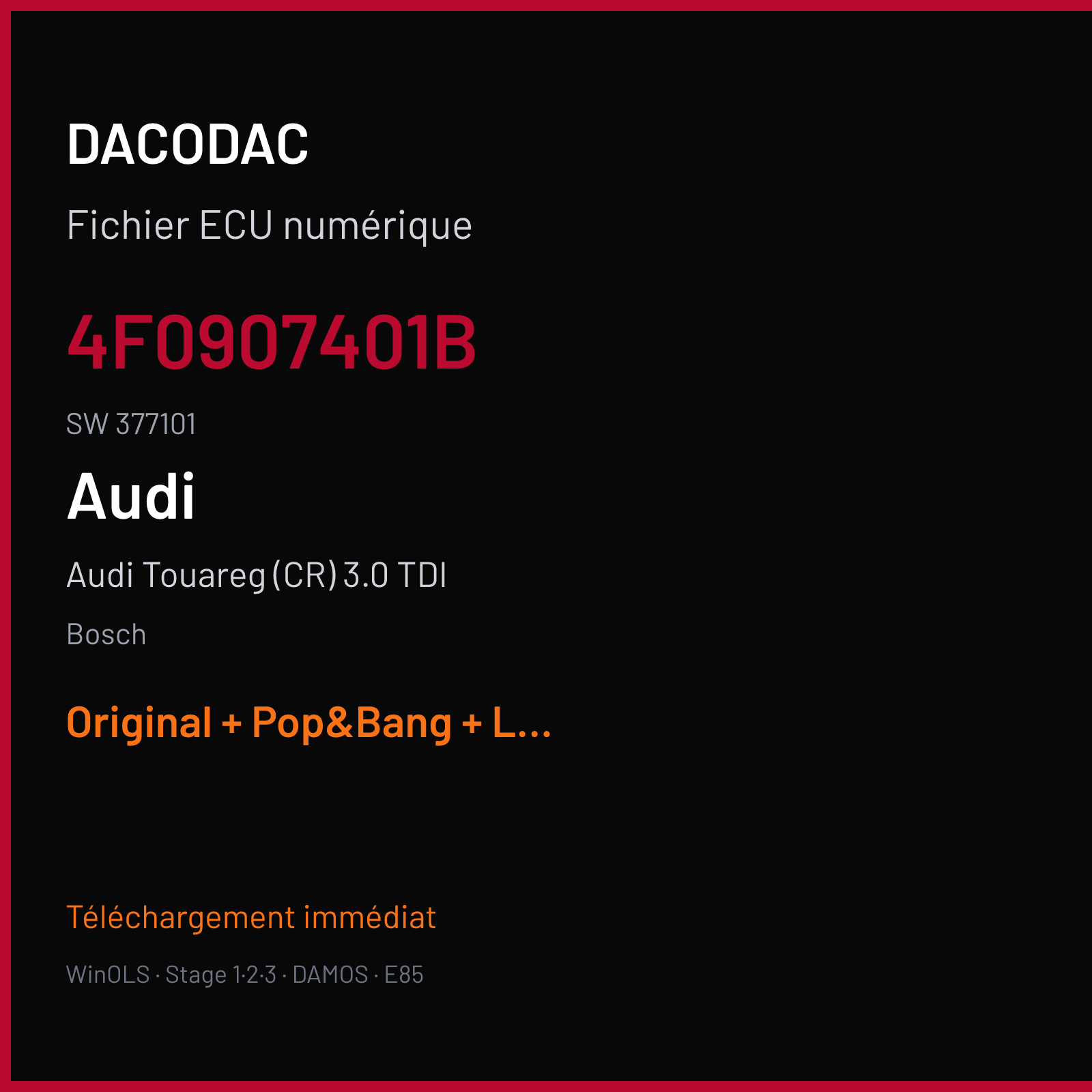 Audi Touareg (CR) 3.0 TDI (2006) — Bosch — 4F0907401B · 377101 — Original + Pop&Bang + Launch