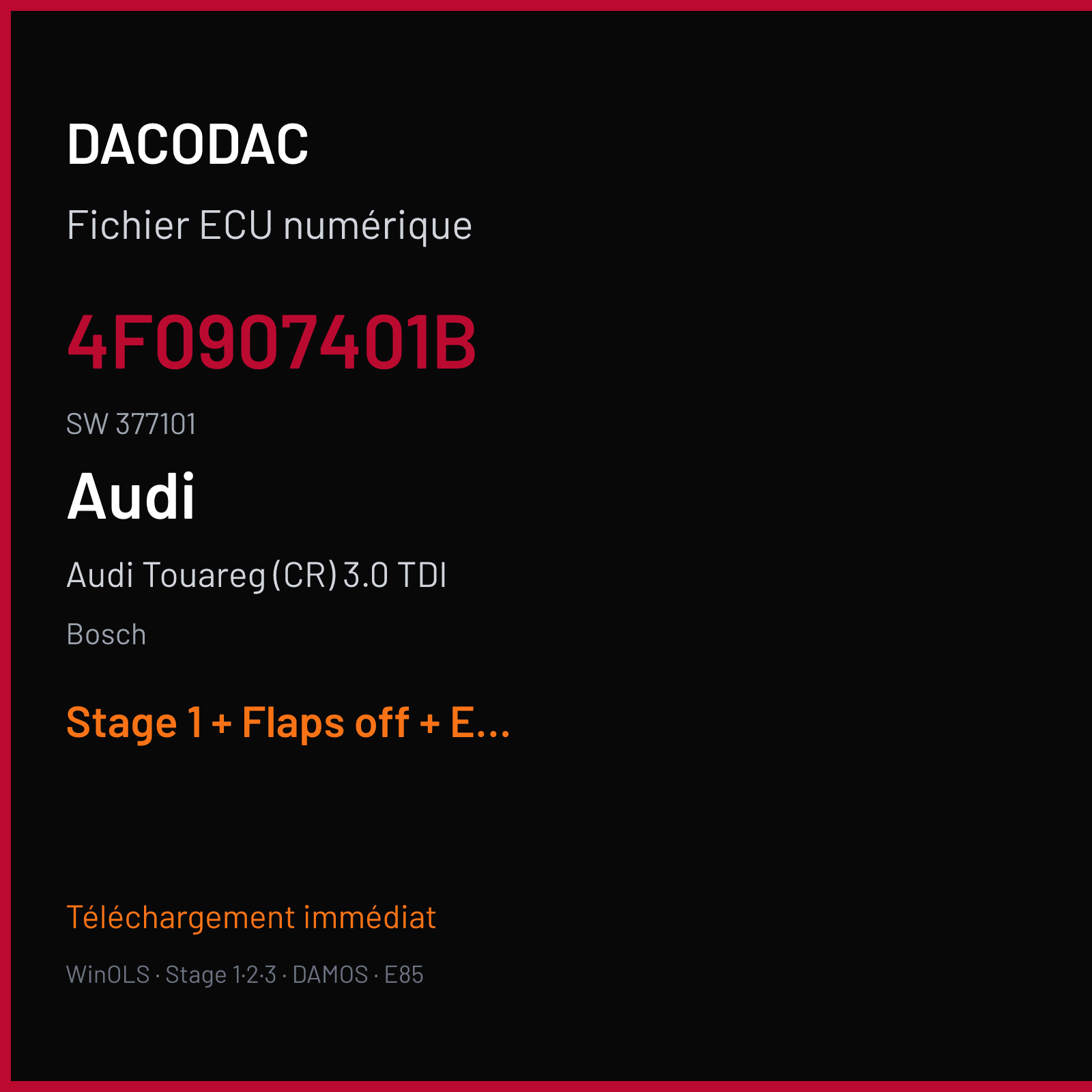 Audi Touareg (CR) 3.0 TDI (2006) — Bosch — 4F0907401B · 377101 — Stage 1 + Flaps off + EGR off