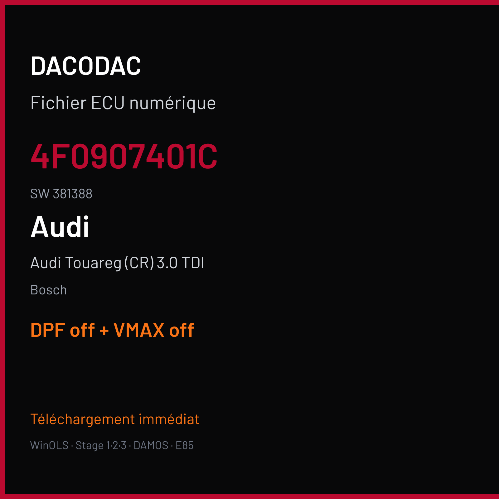 Audi Touareg (CR) 3.0 TDI — Bosch — 4F0907401C · 381388 — DPF off + VMAX off