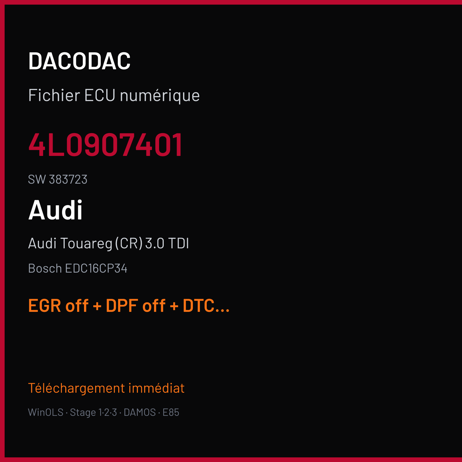Audi Touareg (CR) 3.0 TDI (2007) — Bosch EDC16CP34 — 4L0907401 · 383723 — EGR off + DPF off + DTC off