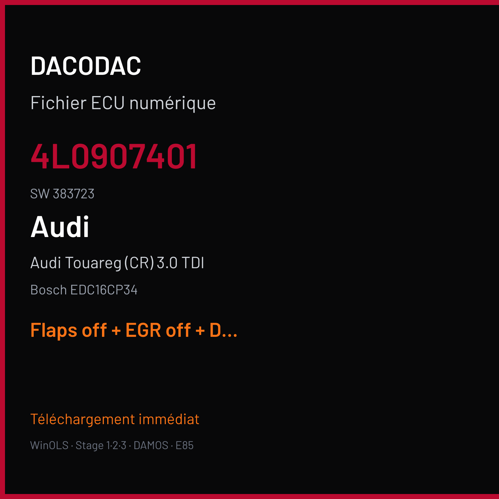 Audi Touareg (CR) 3.0 TDI (2007) — Bosch EDC16CP34 — 4L0907401 · 383723 — Flaps off + EGR off + DPF off + DTC off + SWIRL off