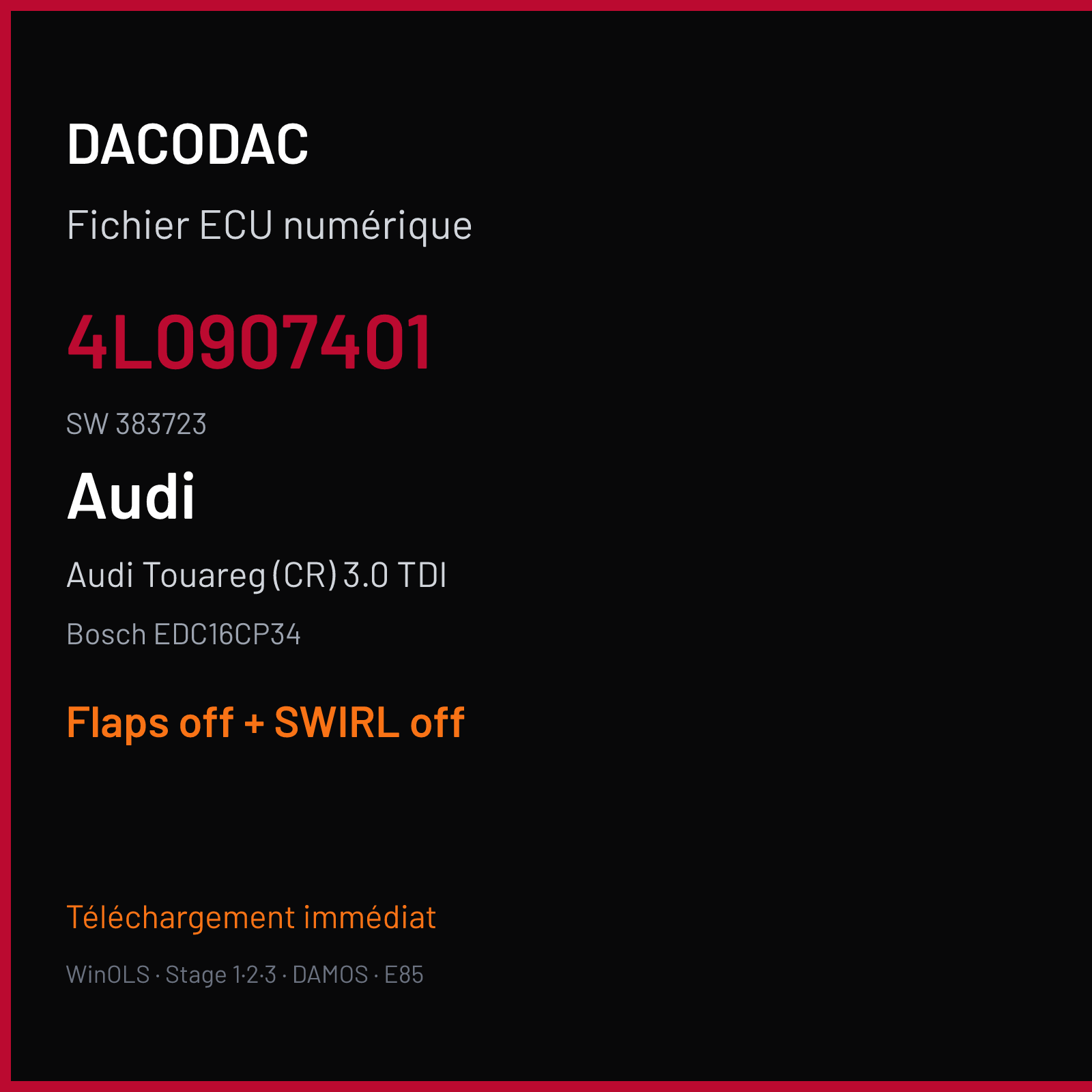 Audi Touareg (CR) 3.0 TDI (2007) — Bosch EDC16CP34 — 4L0907401 · 383723 — Flaps off + SWIRL off