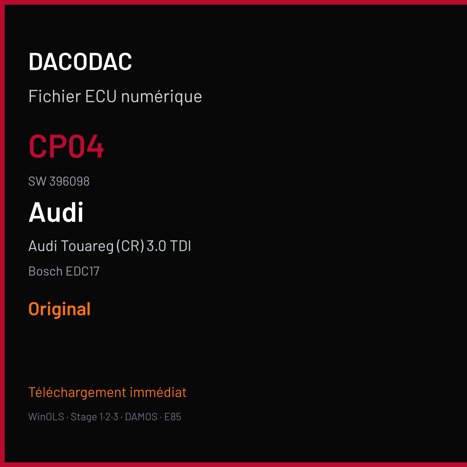 Audi Touareg (CR) 3.0 TDI (2008) — Bosch EDC17 — CP04 · 396098 — Original