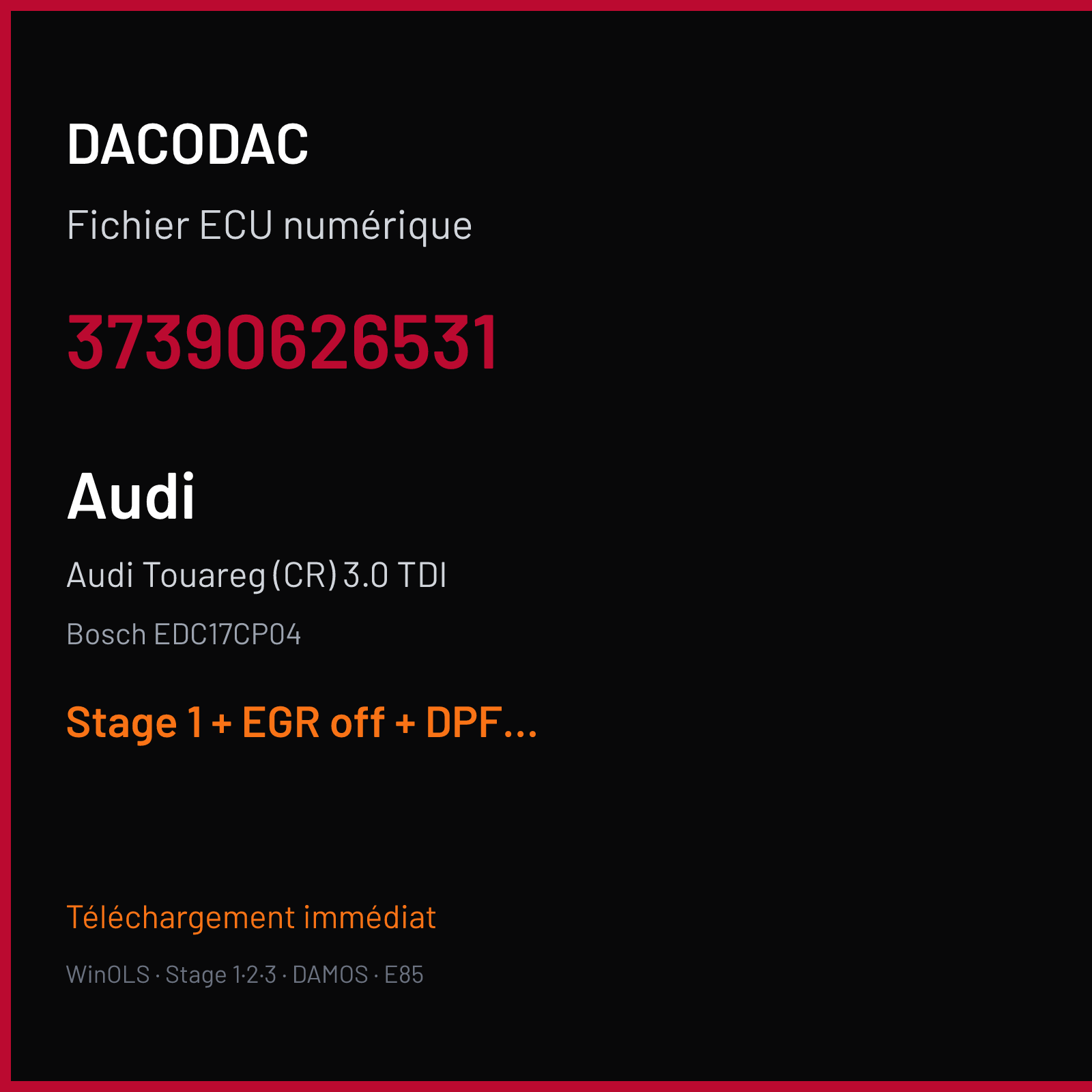 Audi Touareg (CR) 3.0 TDI (2007) — Bosch EDC17CP04 — 37390626531 — Stage 1 + EGR off + DPF off + VMAX off