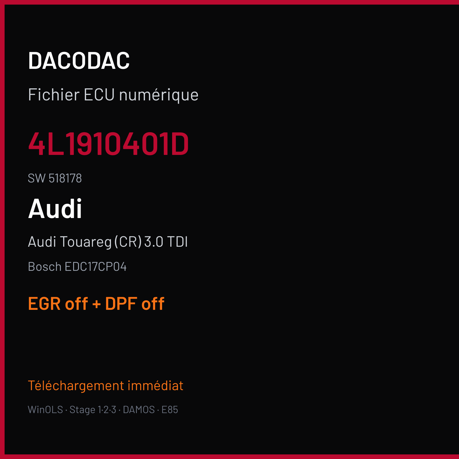 Audi Touareg (CR) 3.0 TDI (2008) — Bosch EDC17CP04 — 4L1910401D · 518178 — EGR off + DPF off